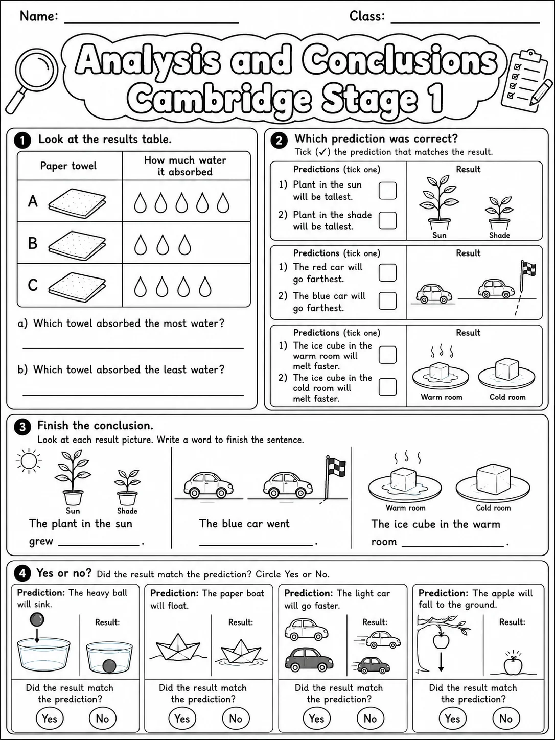 Analysis and Conclusions Cambridge Stage 1 page 6 printable Cambridge science worksheet preview