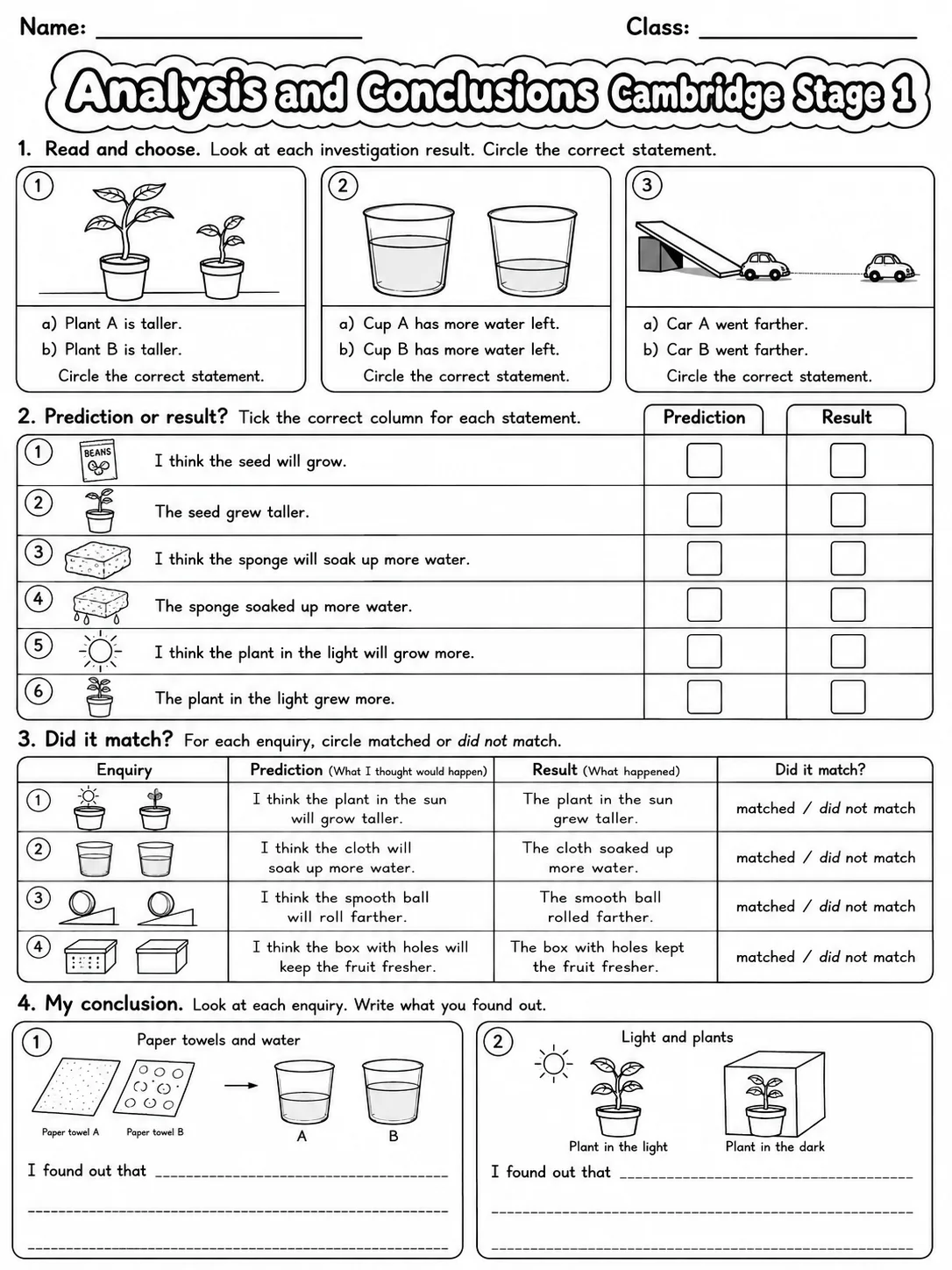 Analysis and Conclusions Cambridge Stage 1 page 7 printable Cambridge science worksheet preview