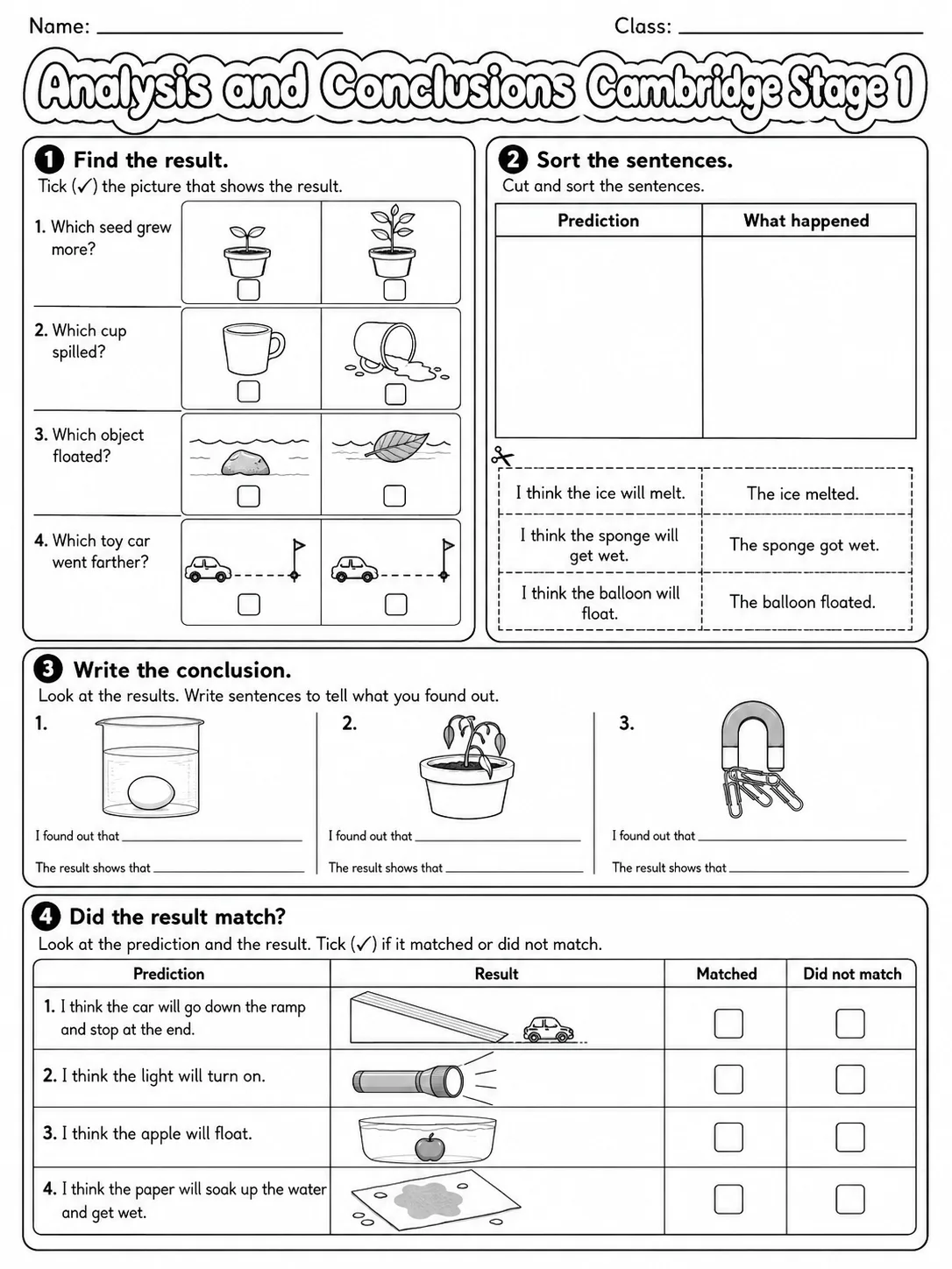 Analysis and Conclusions Cambridge Stage 1 page 9 printable Cambridge science worksheet preview