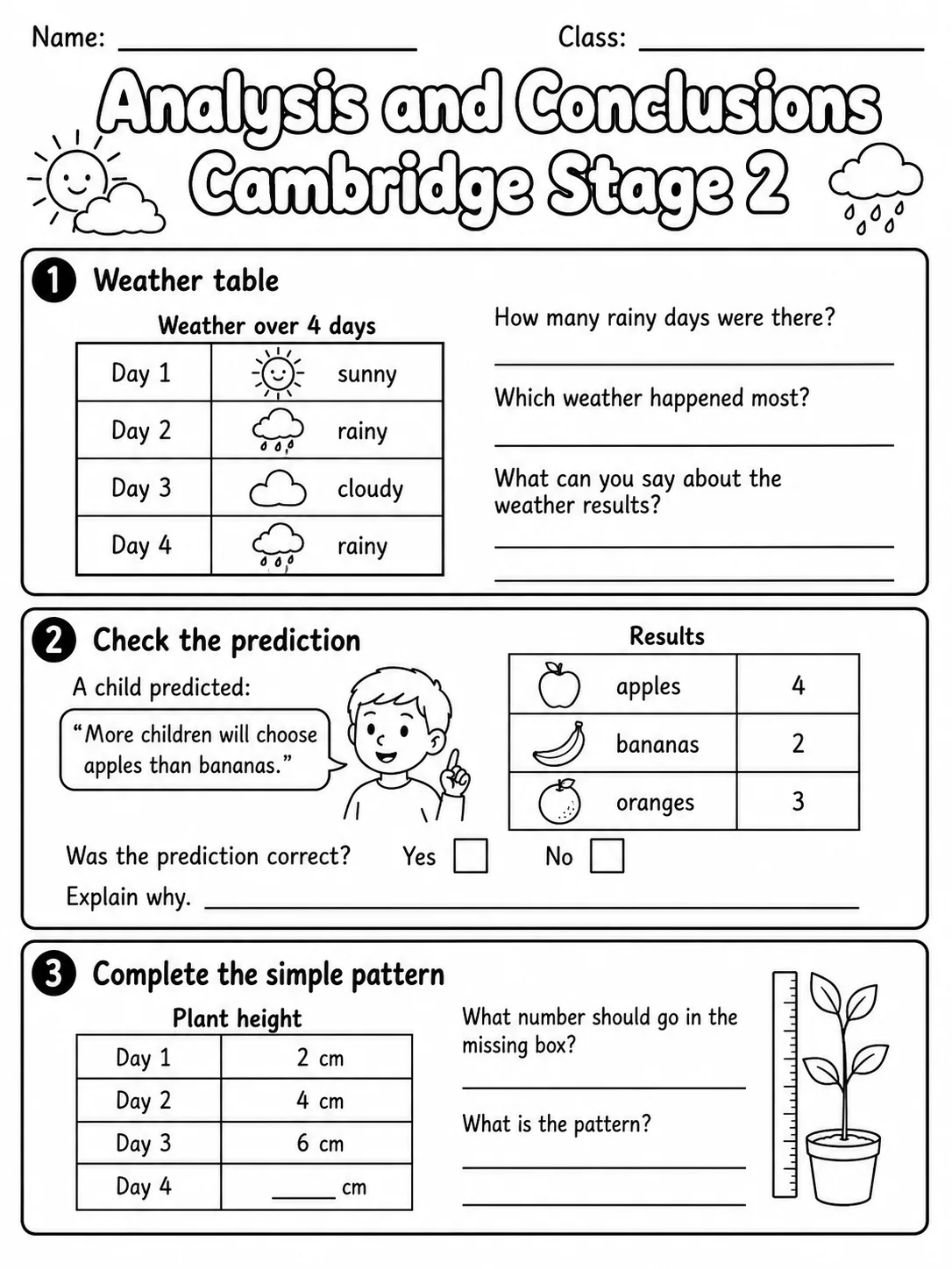 Analysis and Conclusions Cambridge Stage 2 page 2 printable Cambridge science worksheet preview