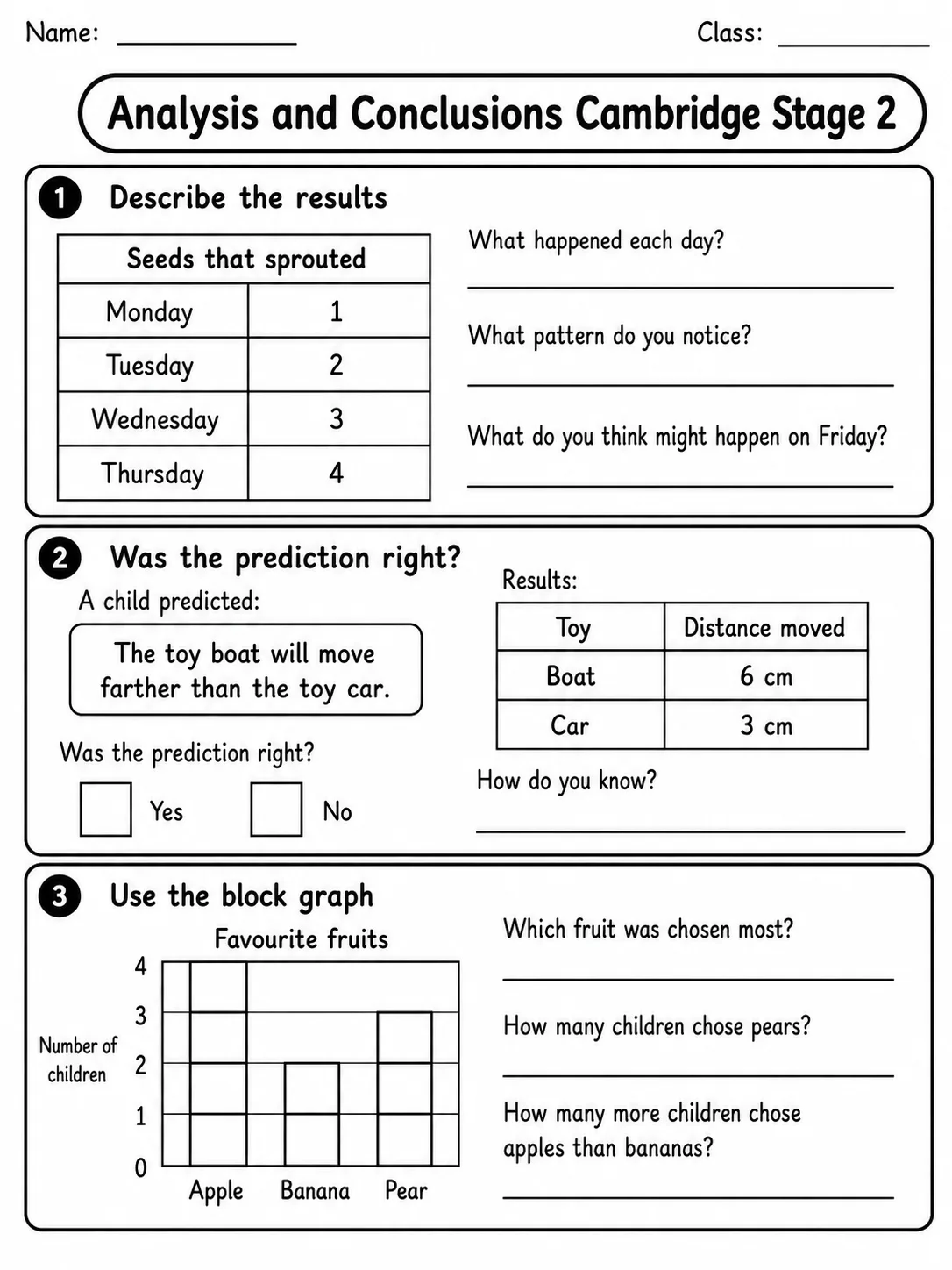 Analysis and Conclusions Cambridge Stage 2 page 4 printable Cambridge science worksheet preview