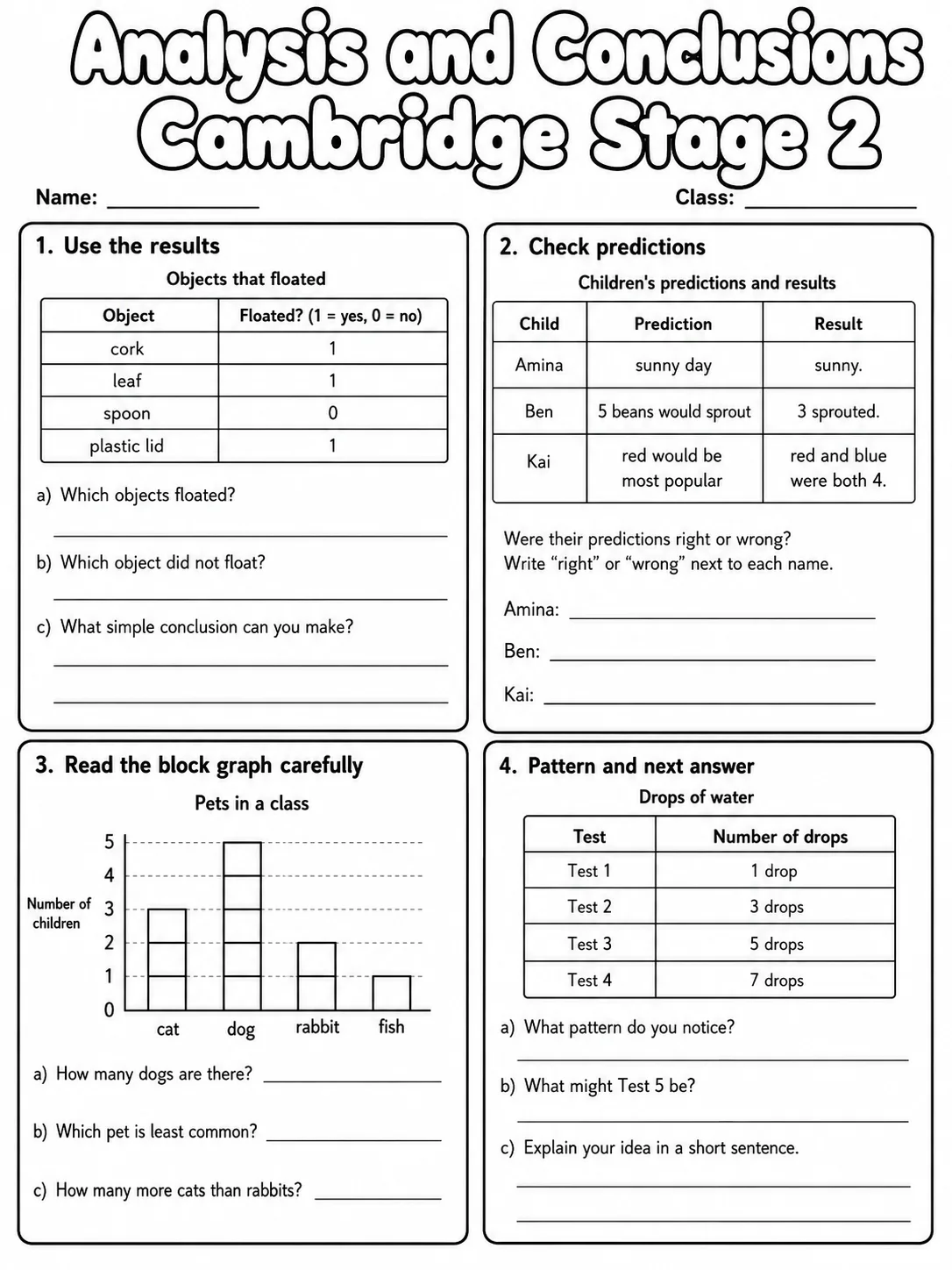 Analysis and Conclusions Cambridge Stage 2 page 8 printable Cambridge science worksheet preview
