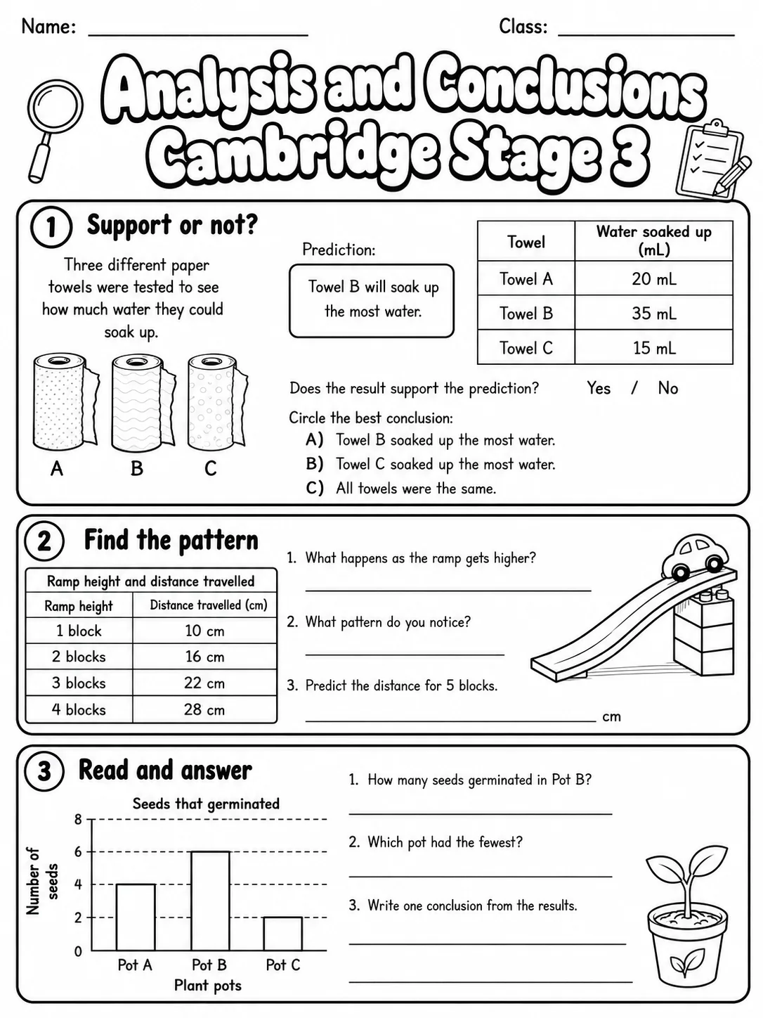 Analysis and Conclusions Cambridge Stage 3 page 3 printable Cambridge science worksheet preview