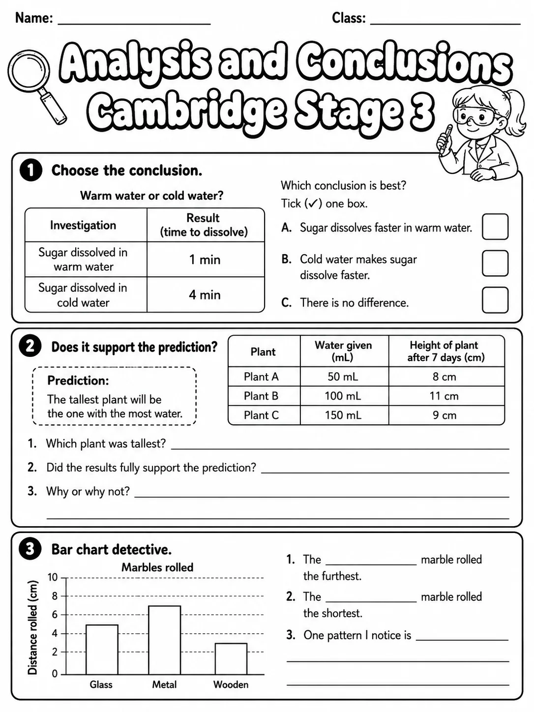 Analysis and Conclusions Cambridge Stage 3 page 4 printable Cambridge science worksheet preview