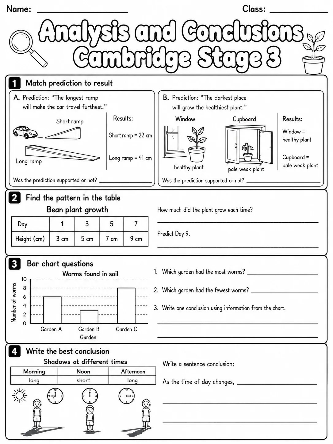 Analysis and Conclusions Cambridge Stage 3 page 6 printable Cambridge science worksheet preview