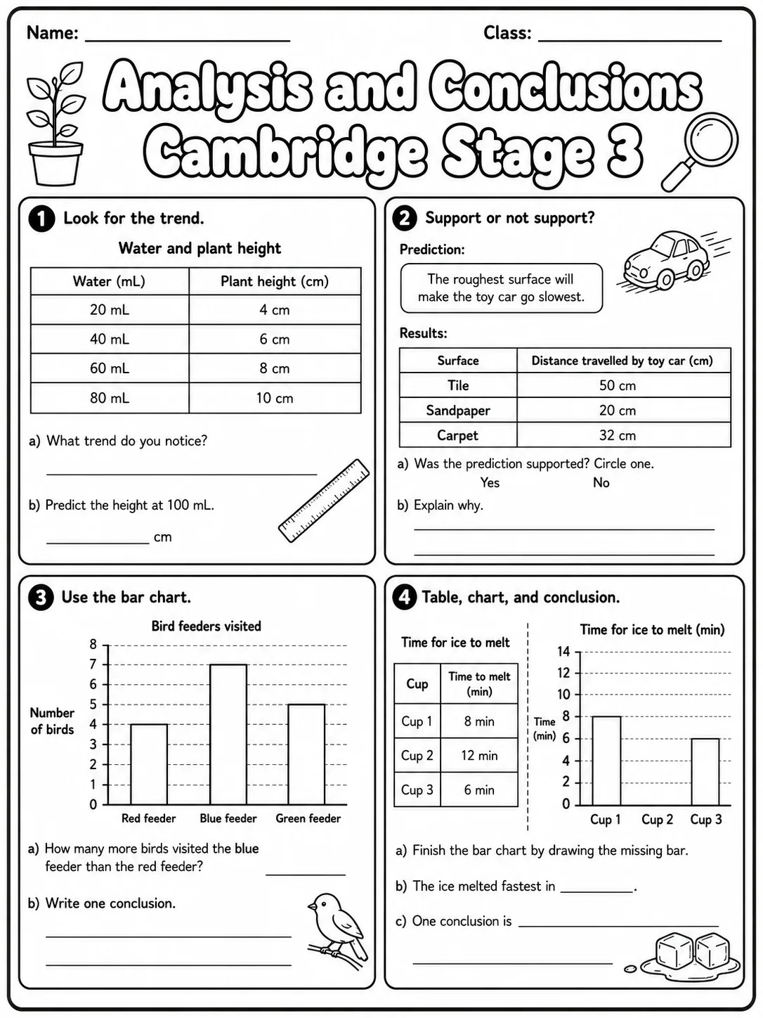 Analysis and Conclusions Cambridge Stage 3 page 8 printable Cambridge science worksheet preview