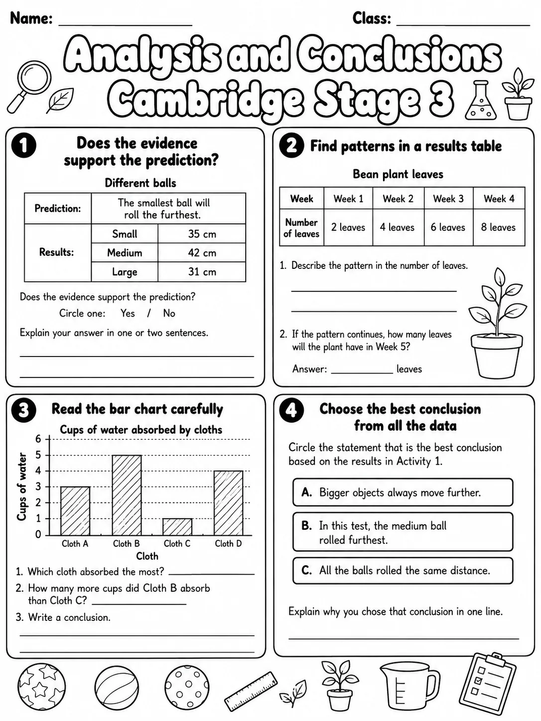Analysis and Conclusions Cambridge Stage 3 page 9 printable Cambridge science worksheet preview