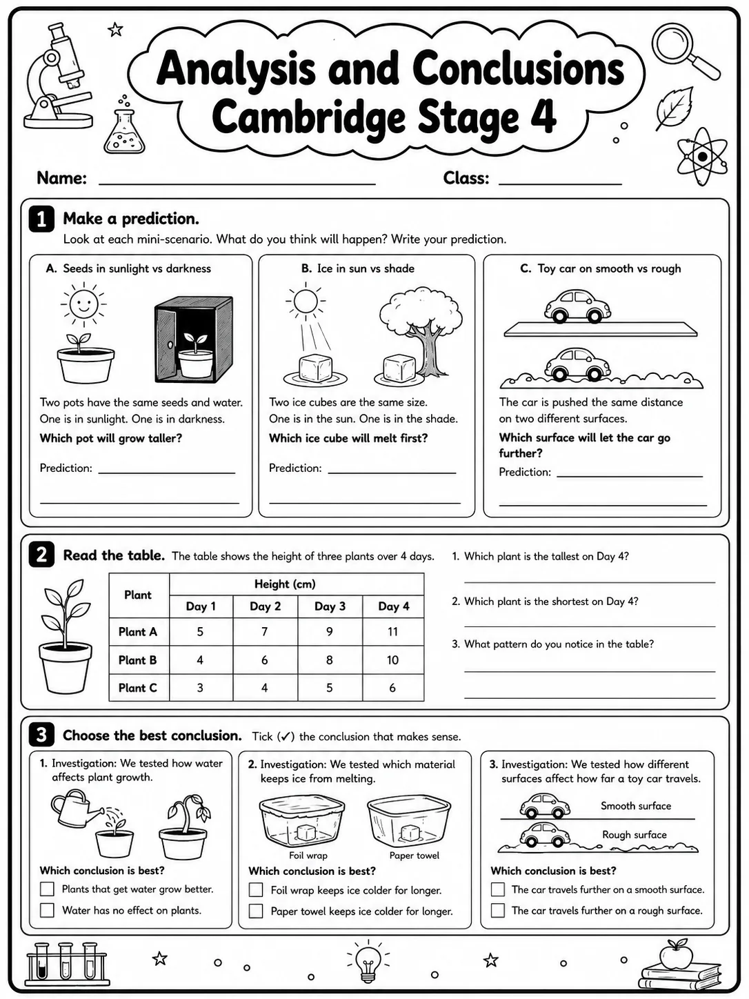 Analysis and Conclusions Cambridge Stage 4 printable Cambridge Primary Science Stage 4 worksheet preview from KiwiBee