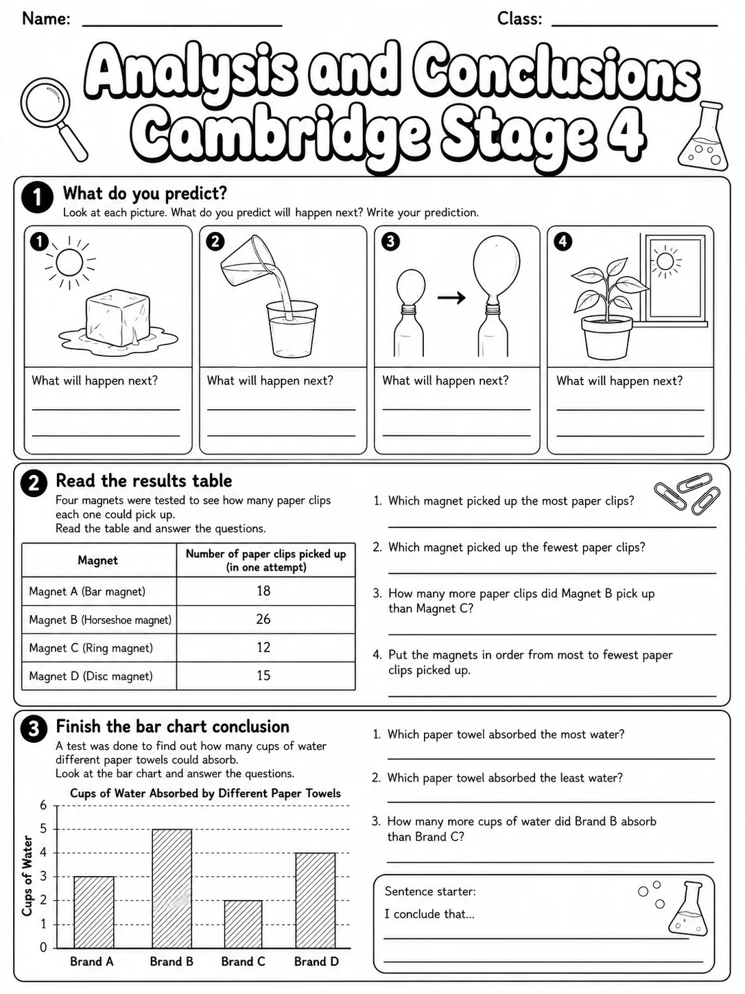 Analysis and Conclusions Cambridge Stage 4 page 2 printable Cambridge science worksheet preview
