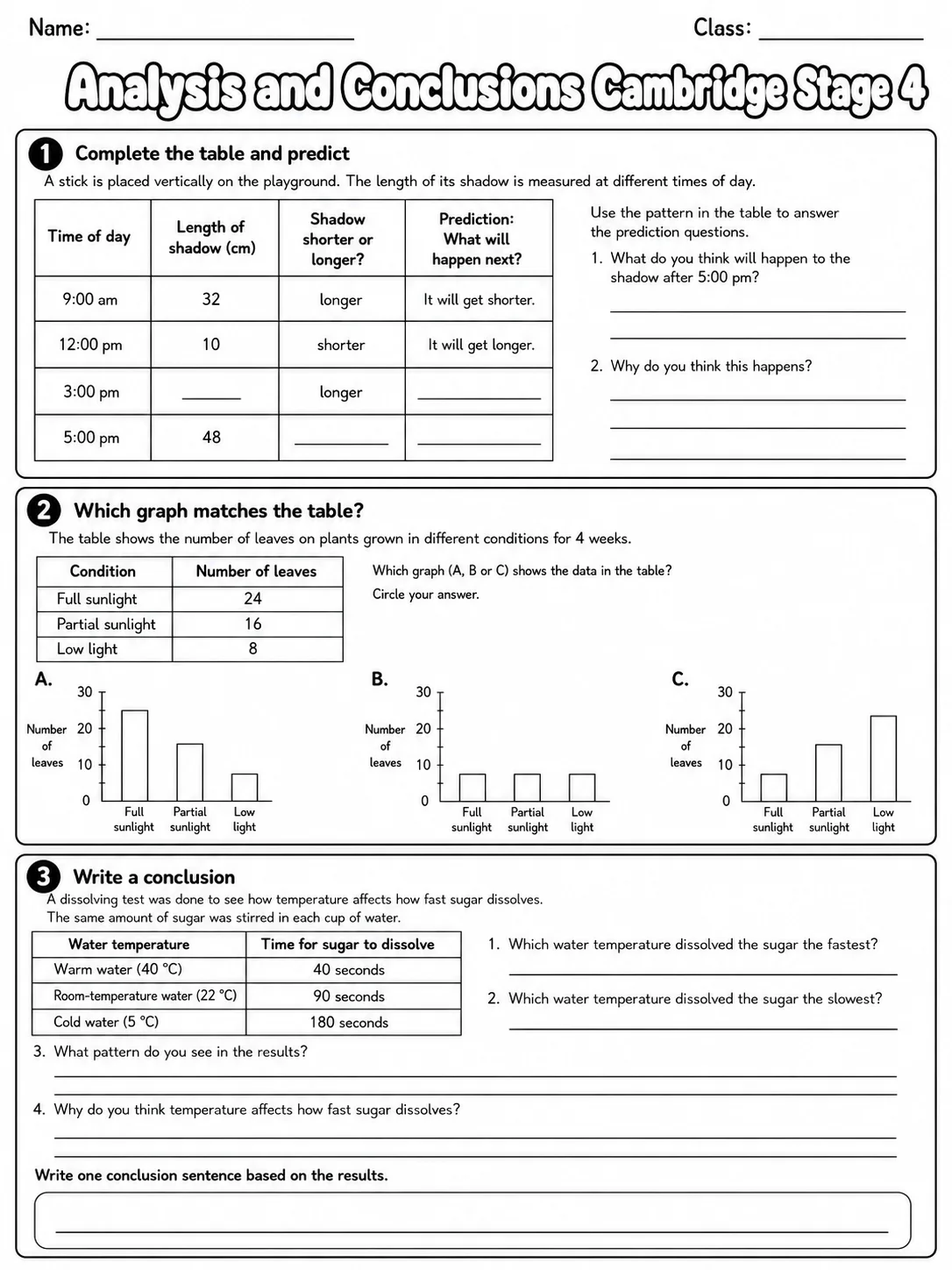 Analysis and Conclusions Cambridge Stage 4 page 5 printable Cambridge science worksheet preview