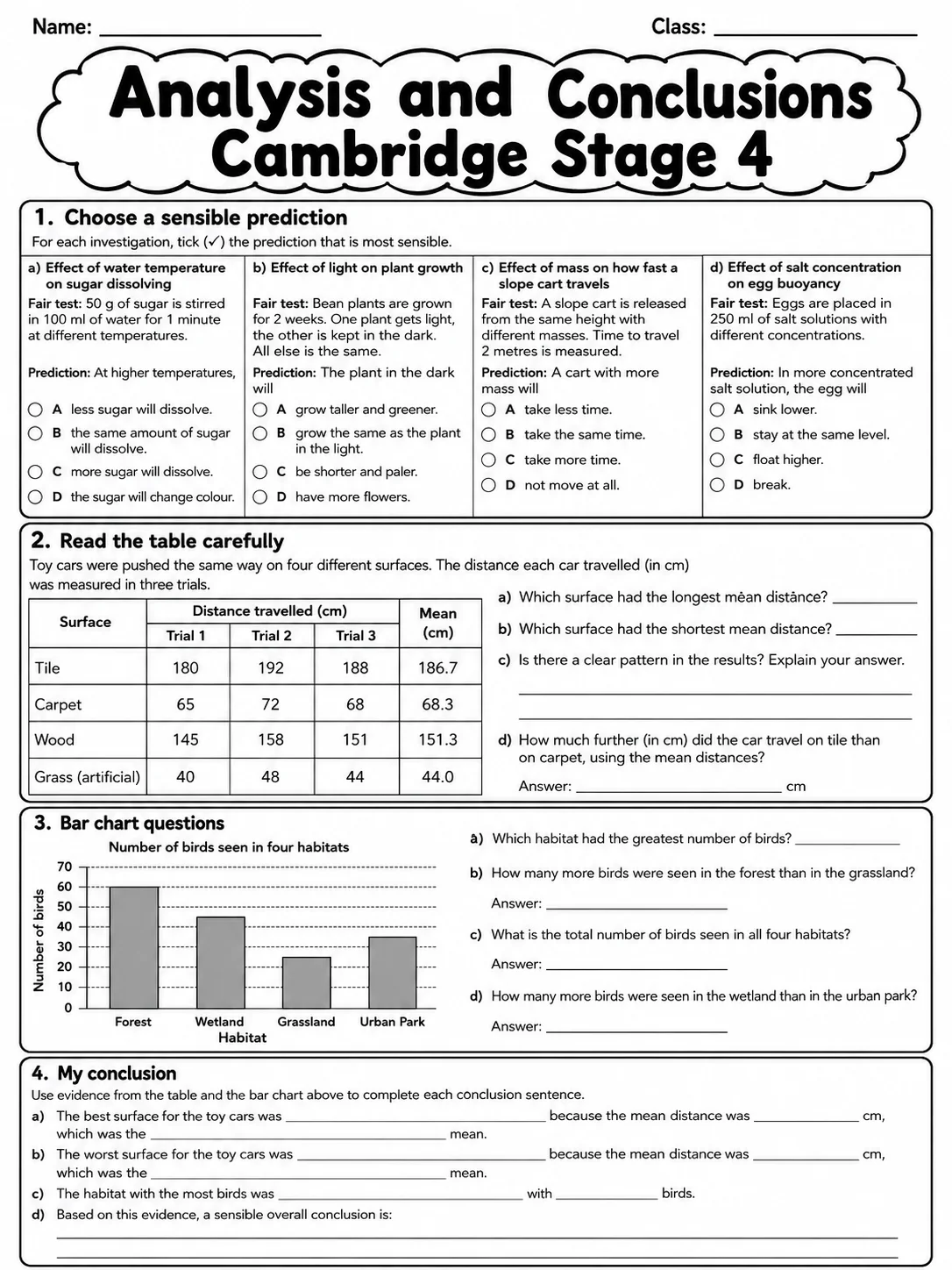 Analysis and Conclusions Cambridge Stage 4 page 6 printable Cambridge science worksheet preview