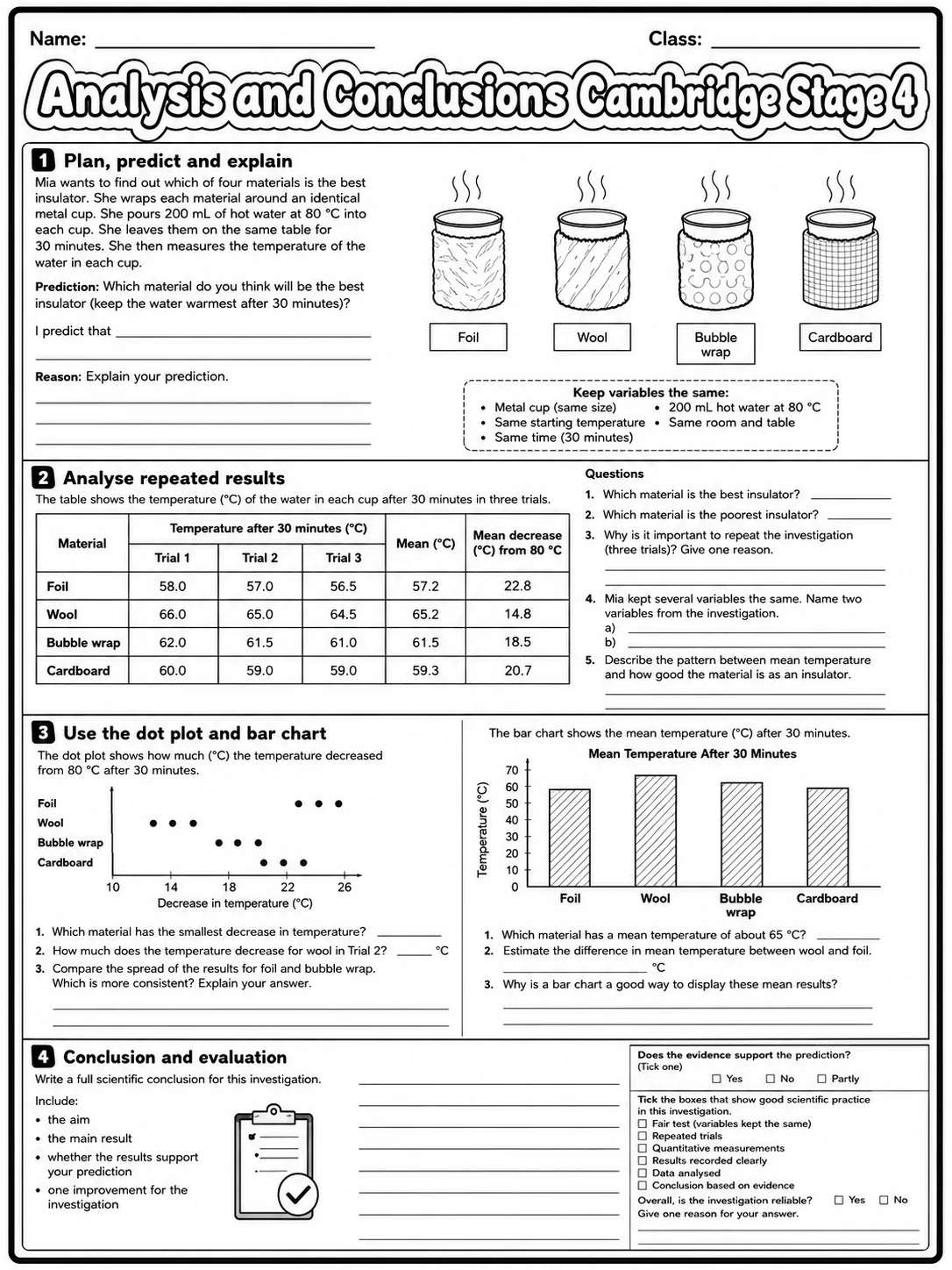 Analysis and Conclusions Cambridge Stage 4 page 10 printable Cambridge science worksheet preview