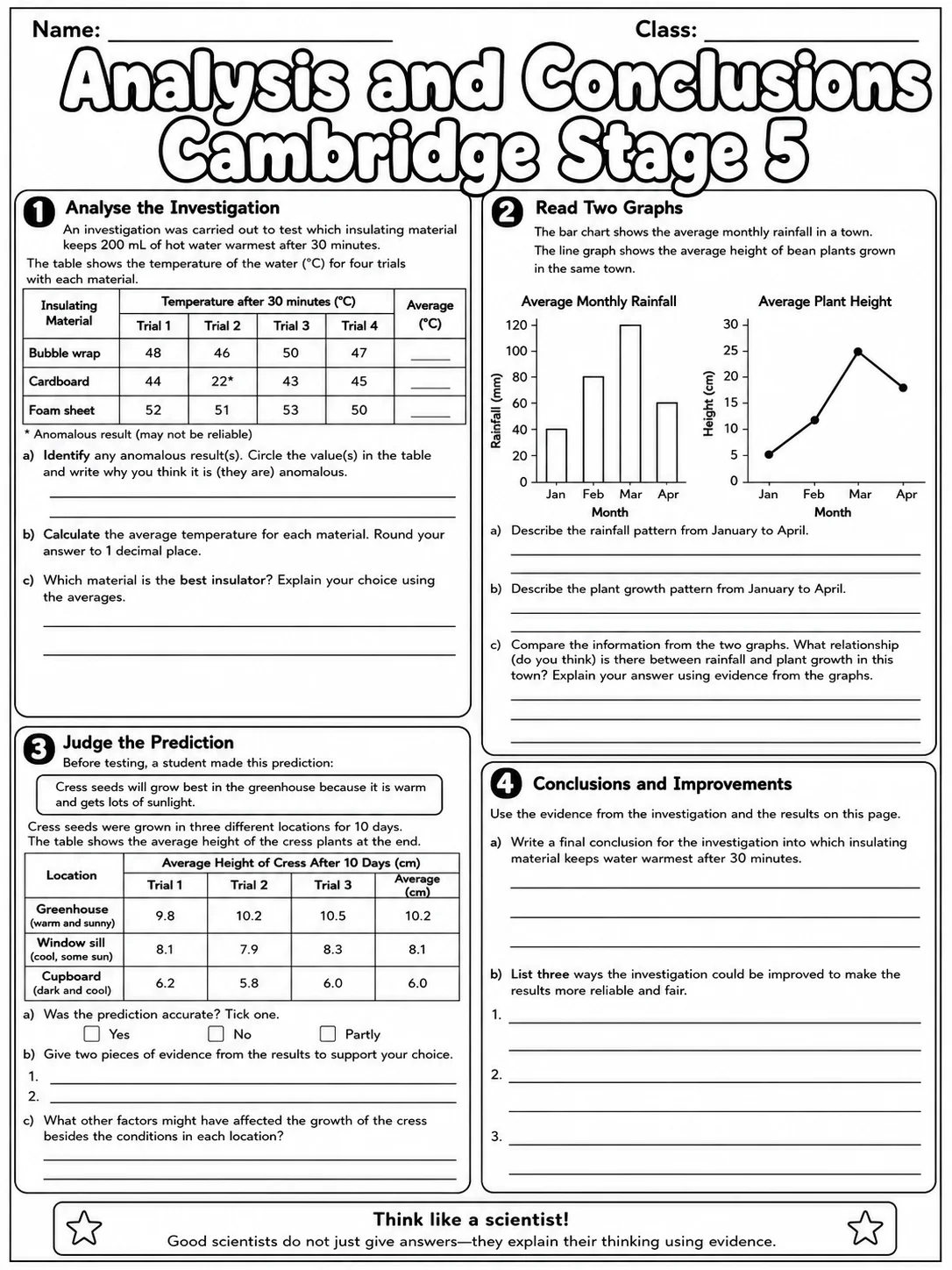 Analysis and Conclusions Cambridge Stage 5 page 10 printable Cambridge science worksheet preview