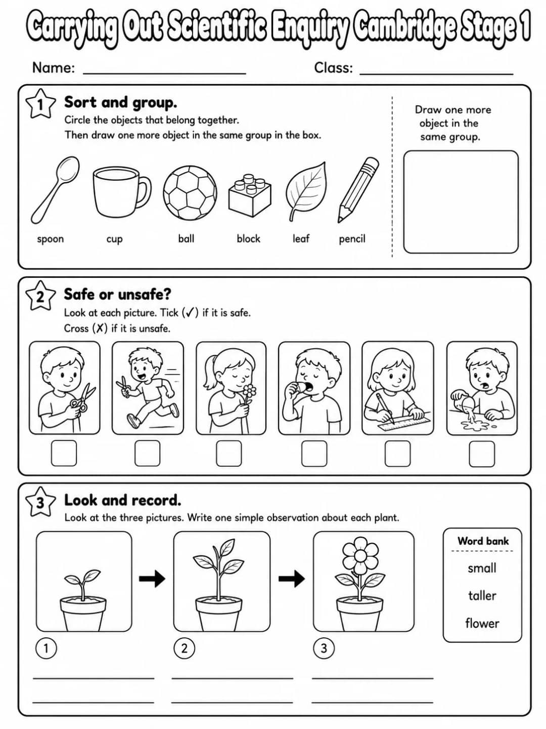 Carrying Out Scientific Enquiry Cambridge Stage 1 printable Cambridge Primary Science Stage 1 worksheet preview from KiwiBee