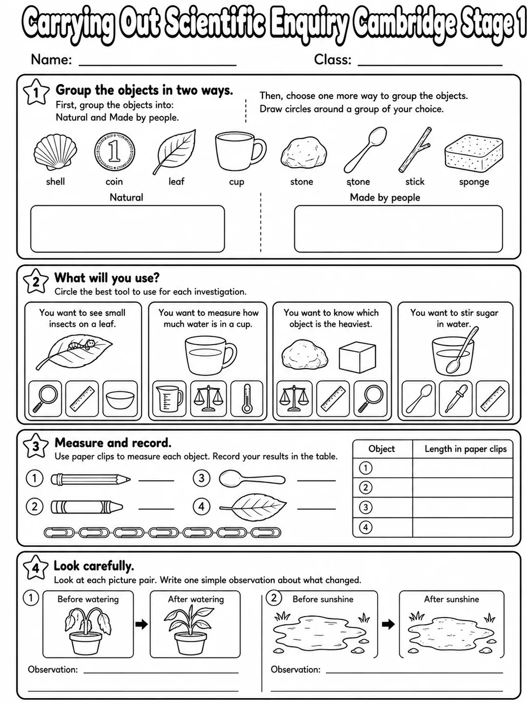 Carrying Out Scientific Enquiry Cambridge Stage 1 page 7 printable Cambridge science worksheet preview