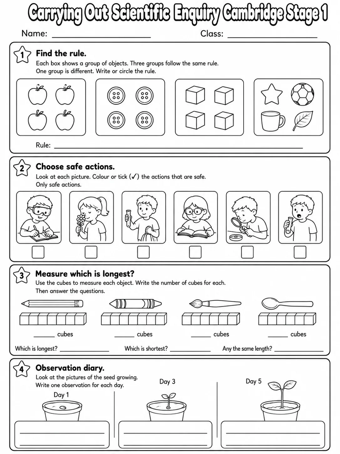 Carrying Out Scientific Enquiry Cambridge Stage 1 page 8 printable Cambridge science worksheet preview