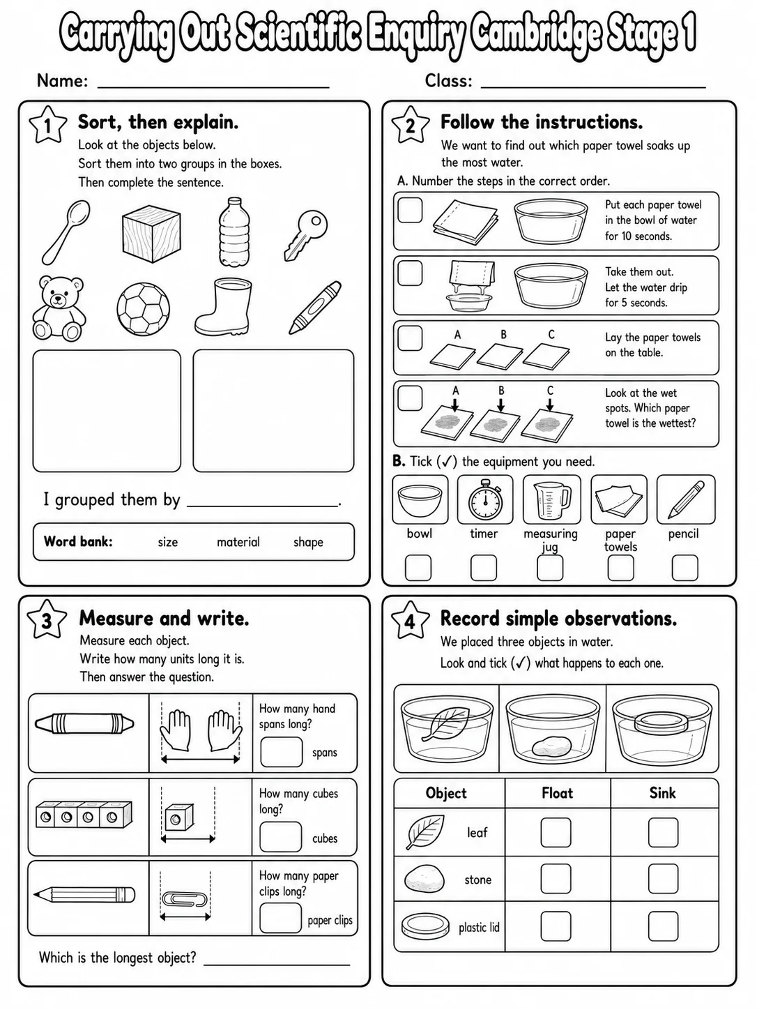 Carrying Out Scientific Enquiry Cambridge Stage 1 page 9 printable Cambridge science worksheet preview