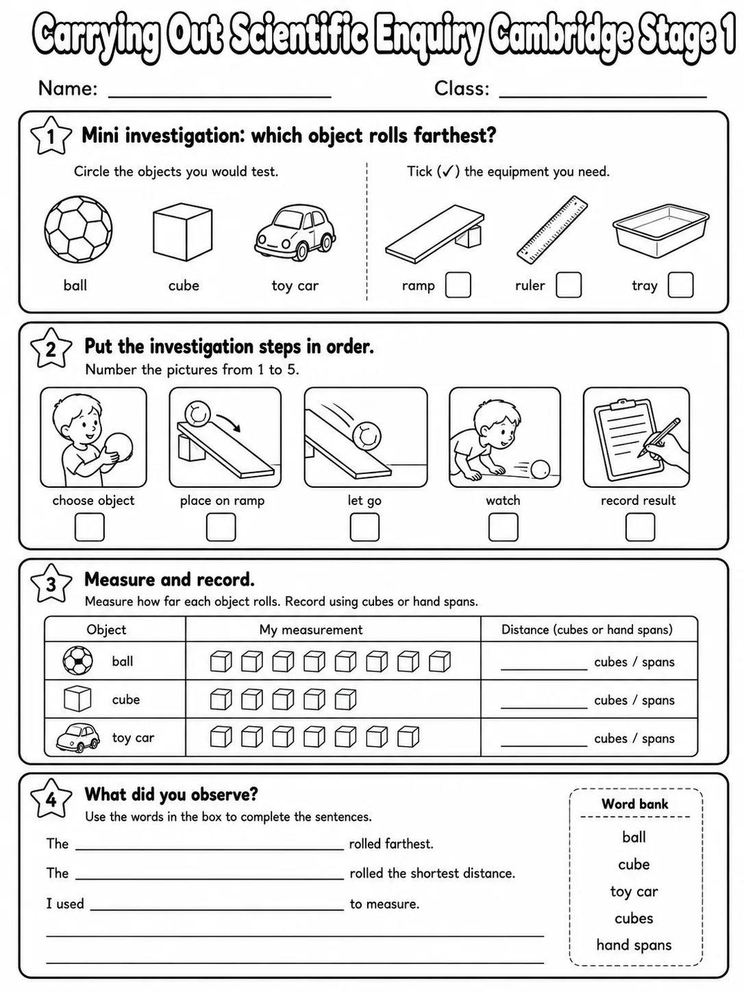 Carrying Out Scientific Enquiry Cambridge Stage 1 page 10 printable Cambridge science worksheet preview