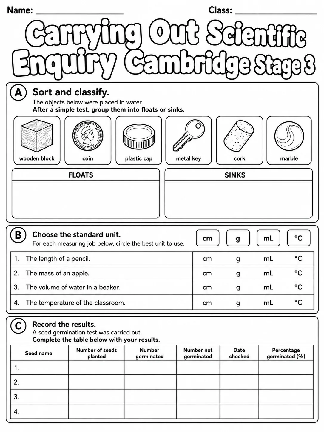 Carrying Out Scientific Enquiry Cambridge Stage 3 page 2 printable Cambridge science worksheet preview