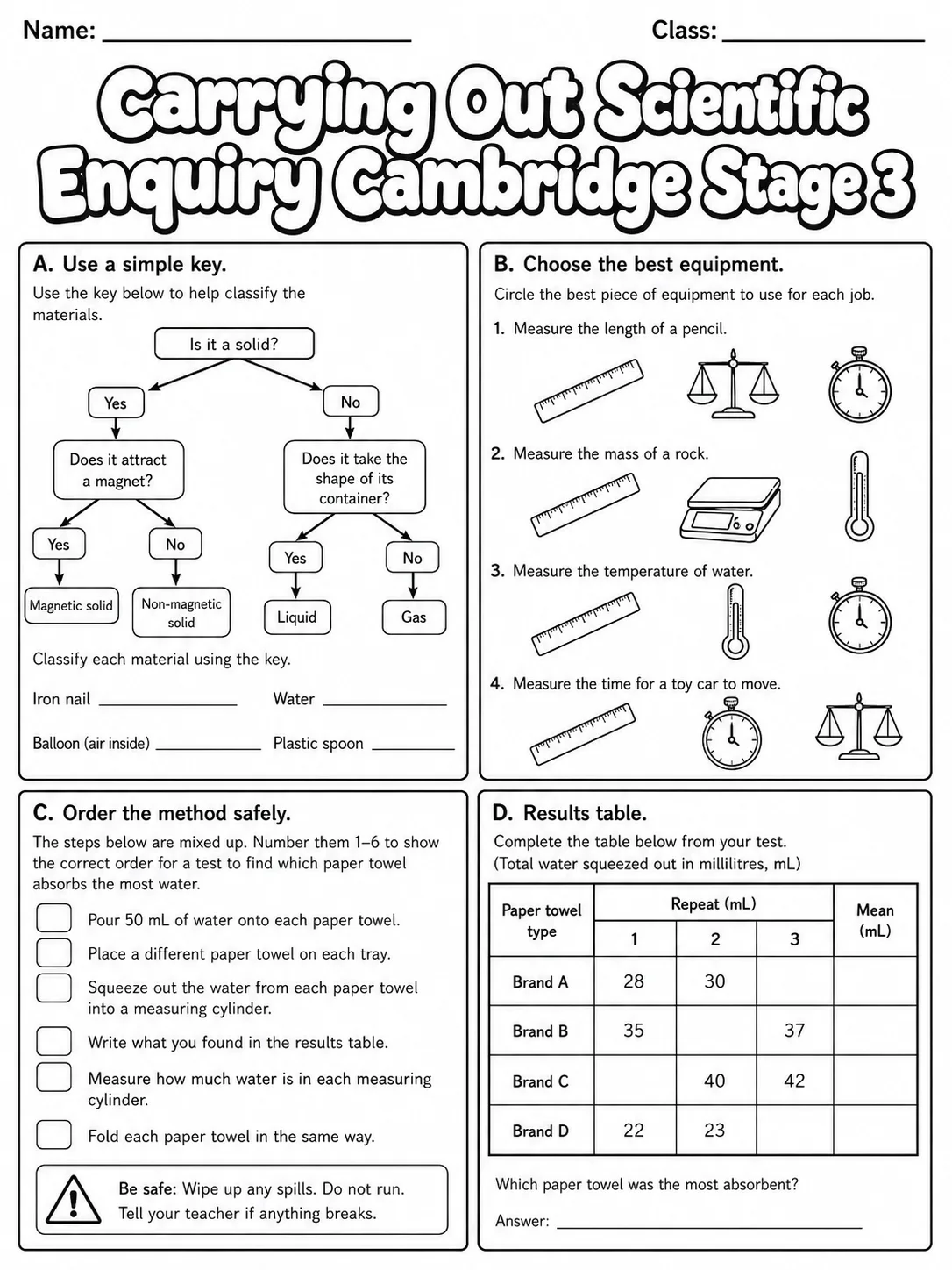 Carrying Out Scientific Enquiry Cambridge Stage 3 page 6 printable Cambridge science worksheet preview