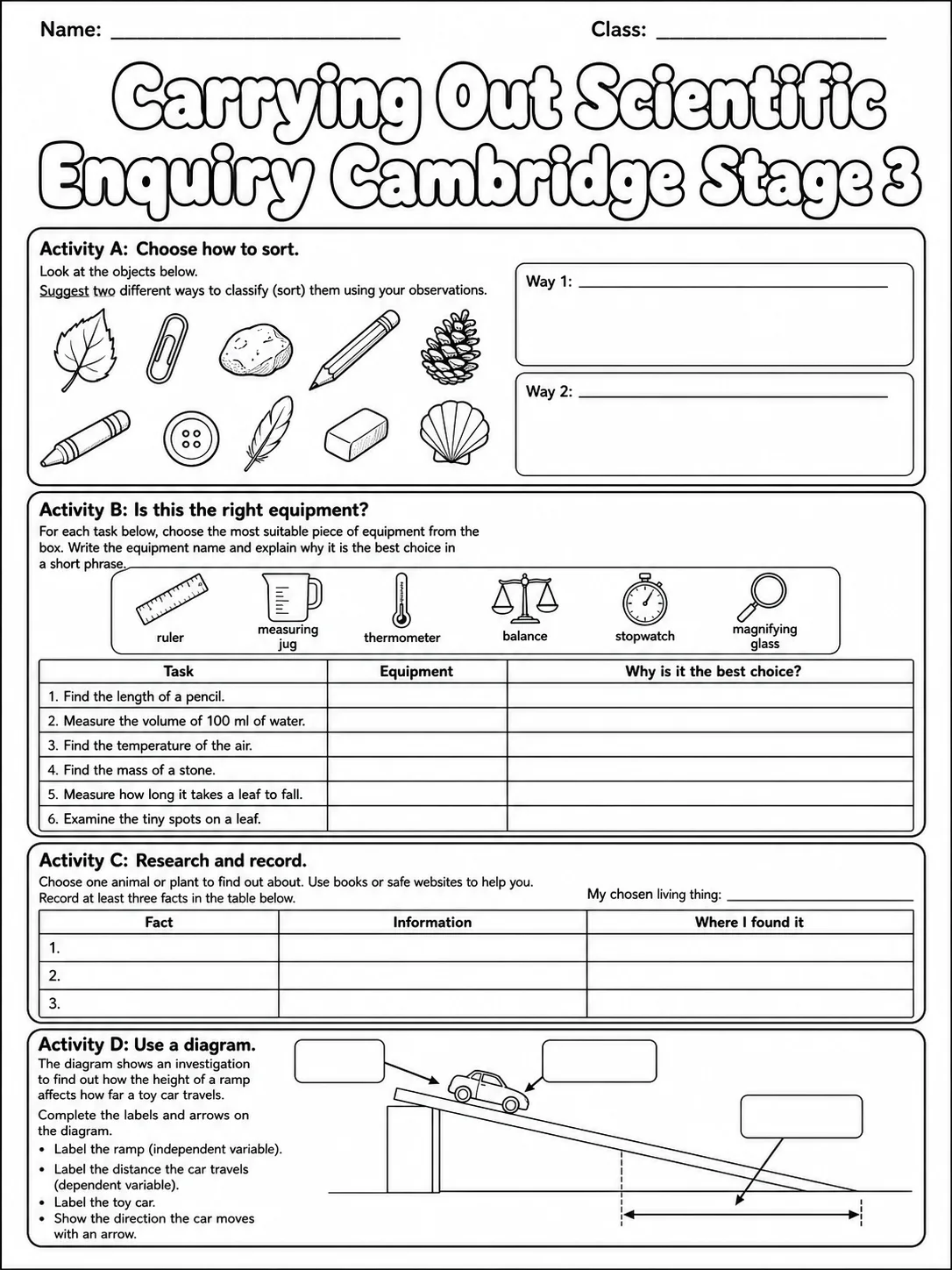Carrying Out Scientific Enquiry Cambridge Stage 3 page 9 printable Cambridge science worksheet preview