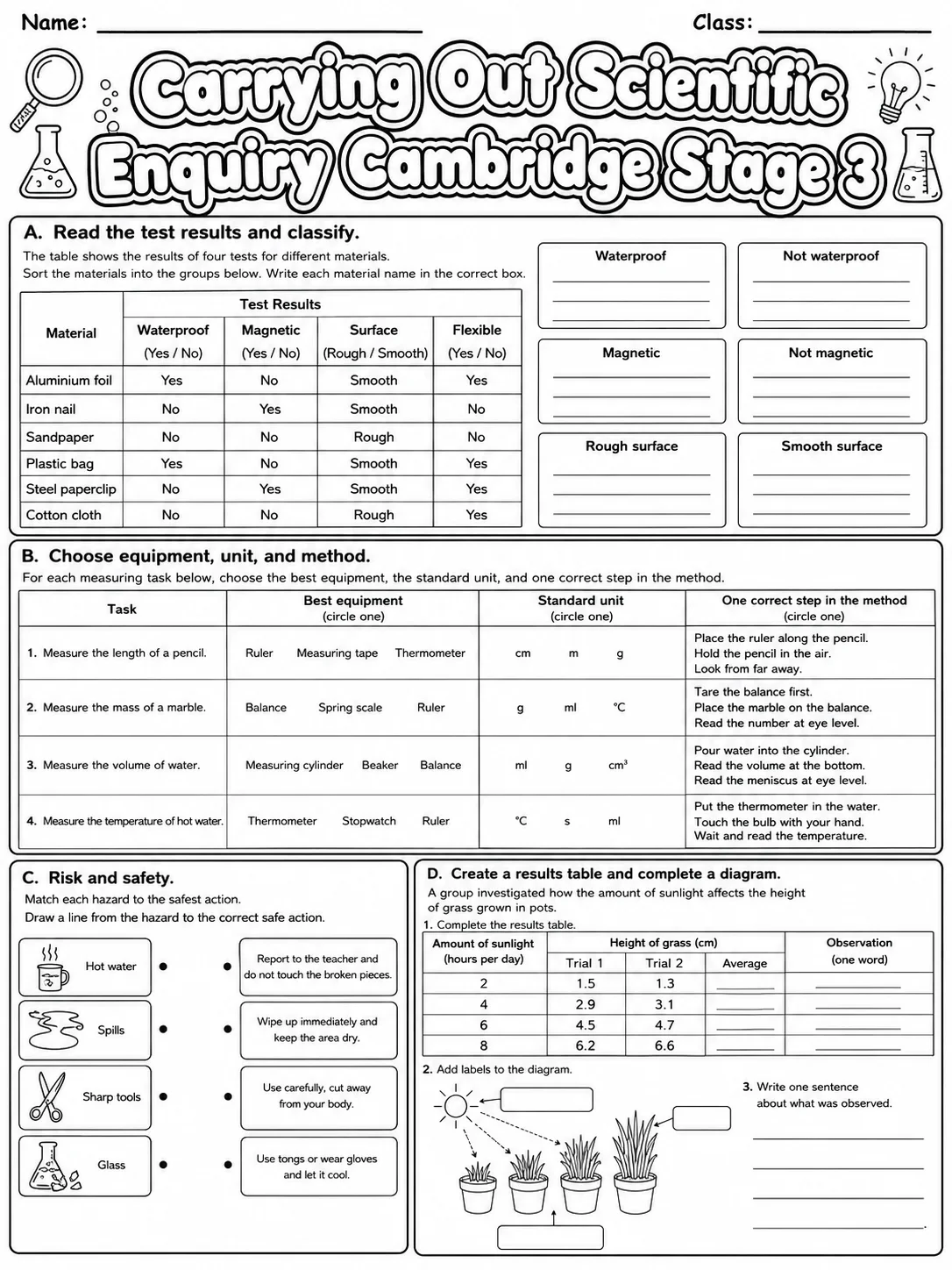 Carrying Out Scientific Enquiry Cambridge Stage 3 page 10 printable Cambridge science worksheet preview