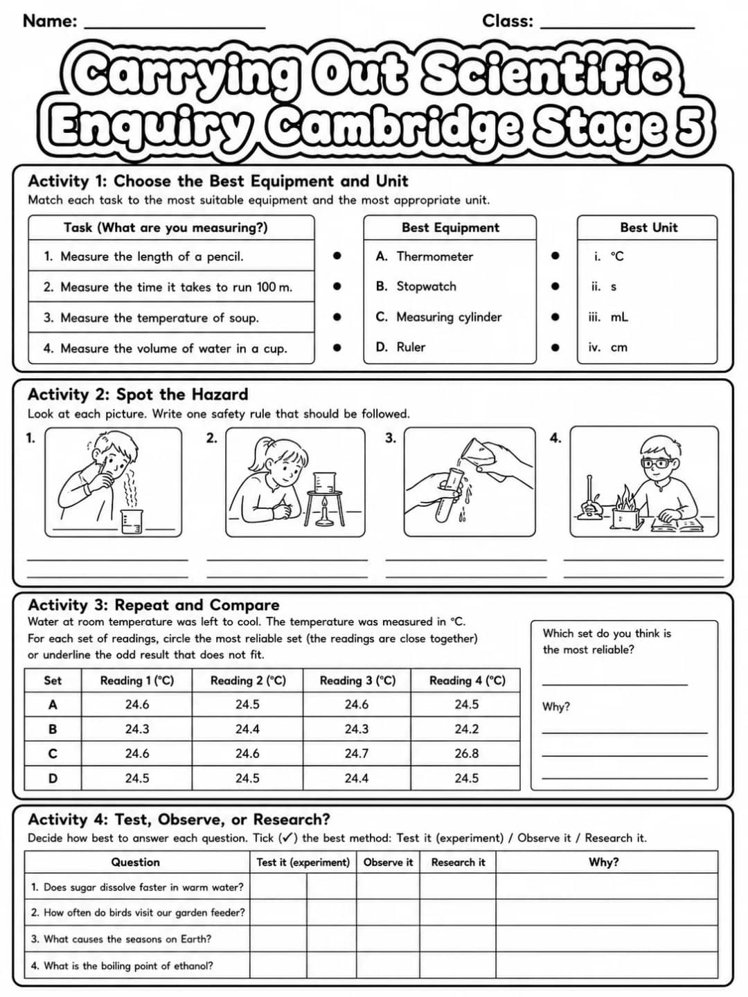 Carrying Out Scientific Enquiry Cambridge Stage 5 printable Cambridge Primary Science Stage 5 worksheet preview from KiwiBee
