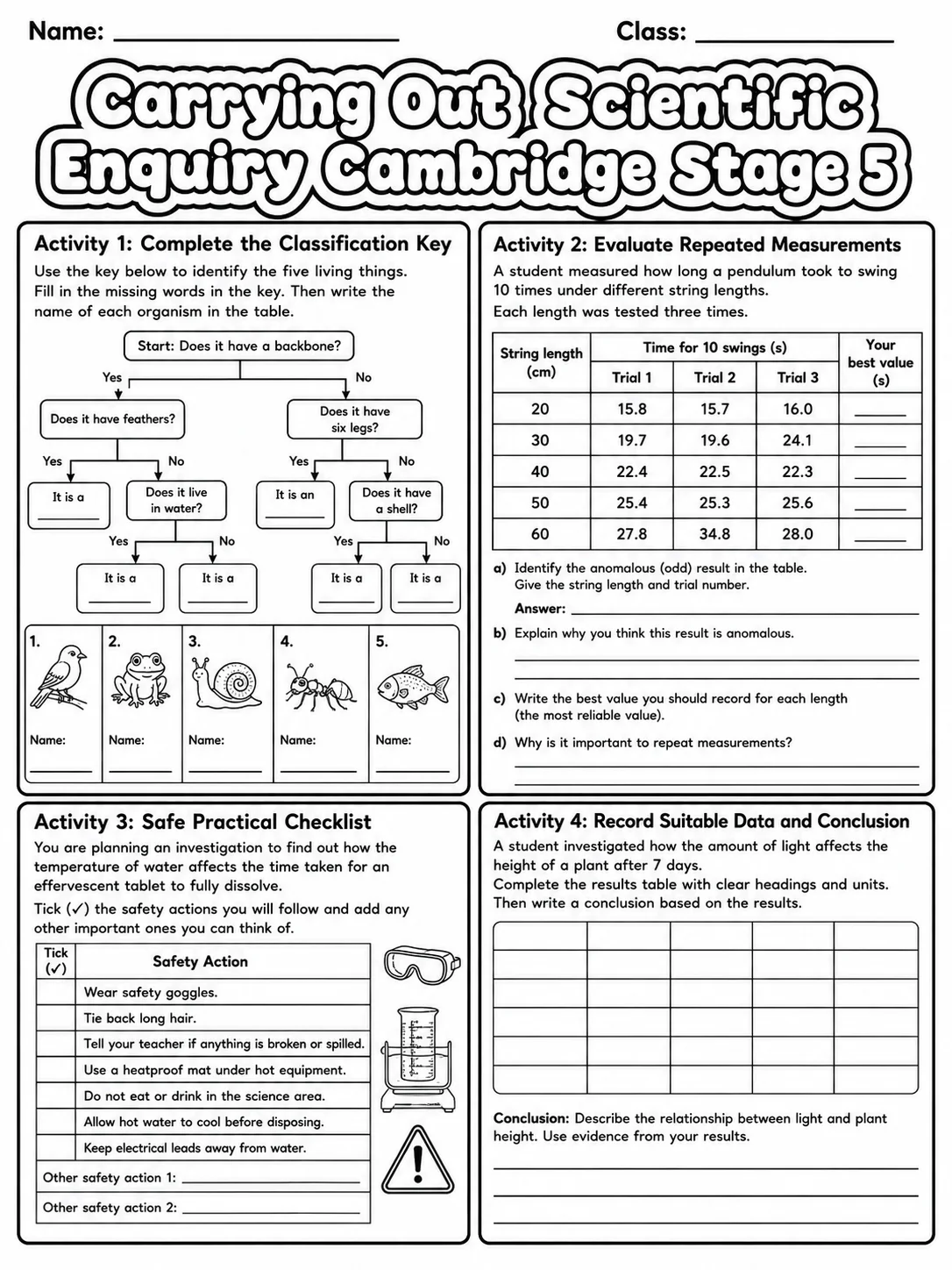 Carrying Out Scientific Enquiry Cambridge Stage 5 printable Cambridge Primary Science Stage 5 worksheet preview from KiwiBee