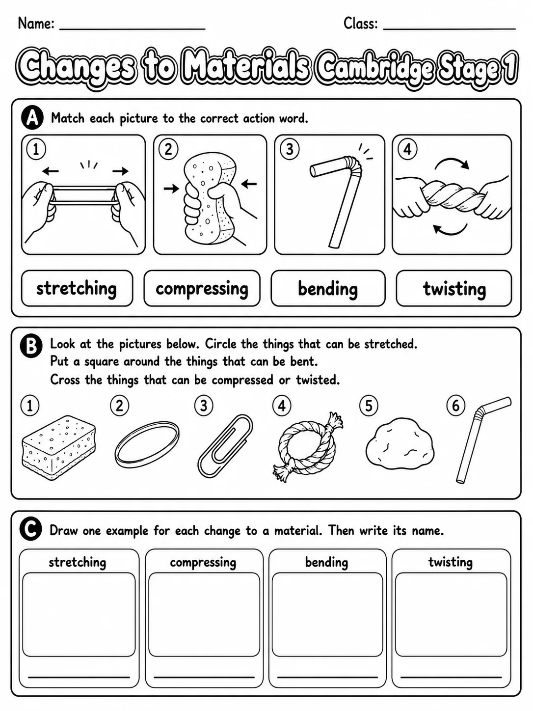 Changes to Materials Cambridge Stage 1 printable Cambridge Primary Science Stage 1 worksheet preview from KiwiBee
