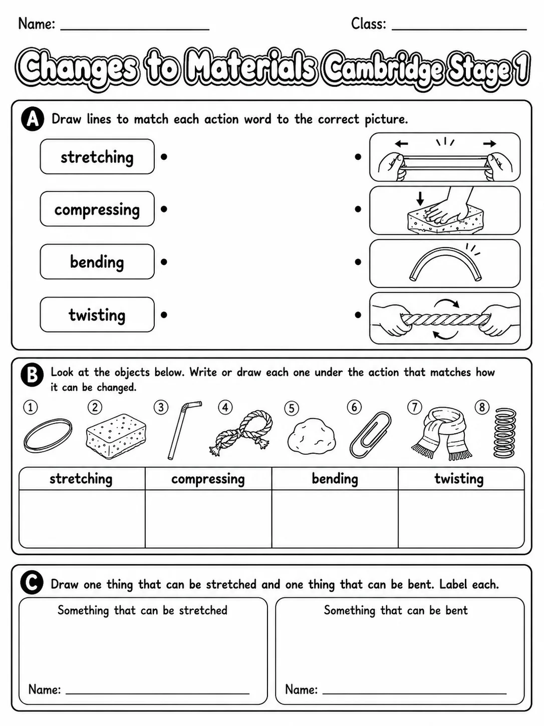 Changes to Materials Cambridge Stage 1 page 2 printable Cambridge science worksheet preview