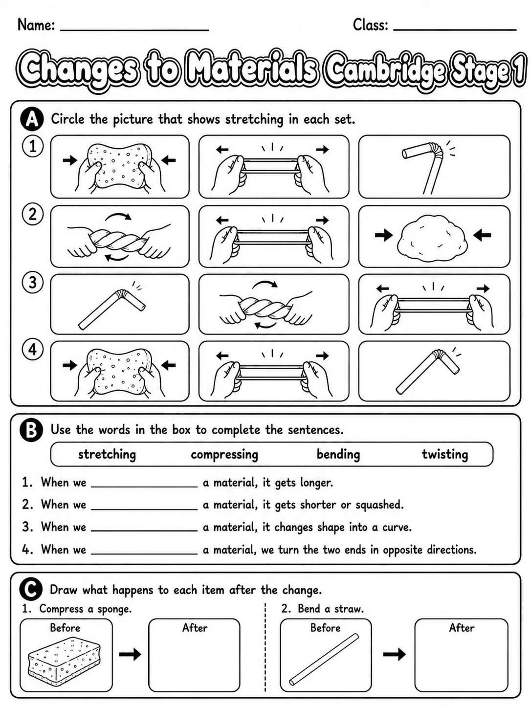 Changes to Materials Cambridge Stage 1 page 3 printable Cambridge science worksheet preview