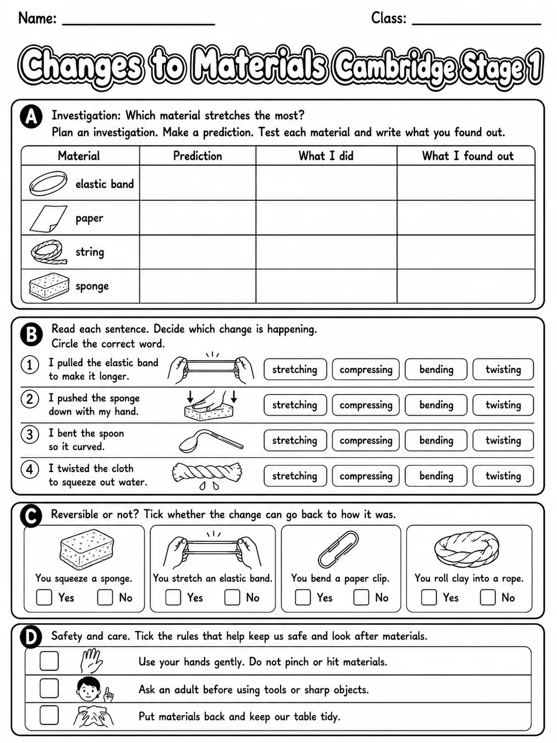 Changes to Materials Cambridge Stage 1 page 9 printable Cambridge science worksheet preview