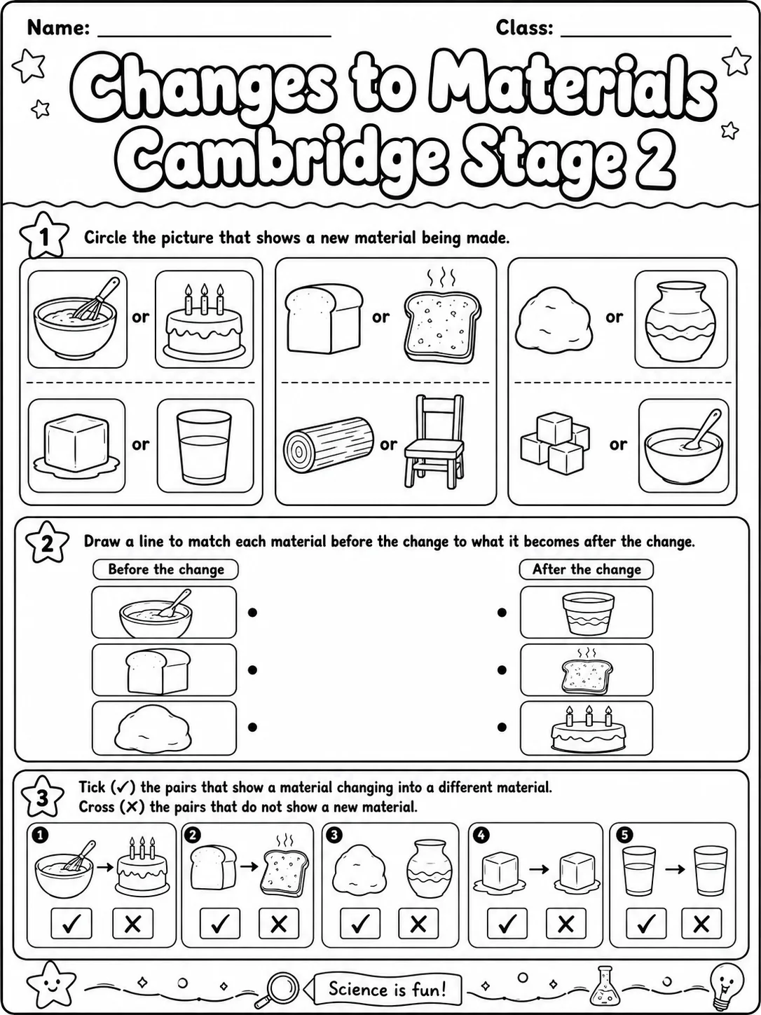 Changes to Materials Cambridge Stage 2 printable Cambridge Primary Science Stage 2 worksheet preview from KiwiBee