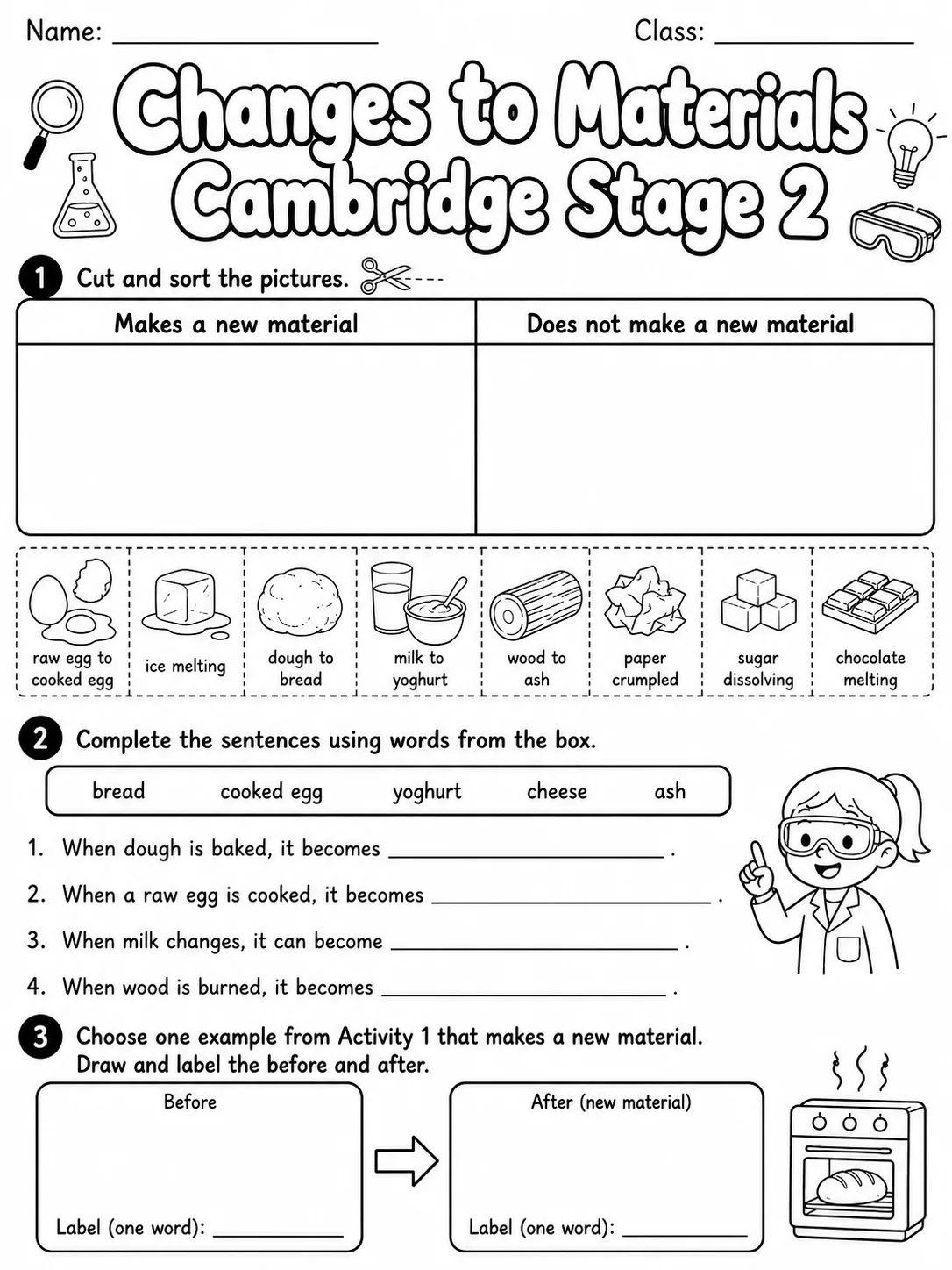 Changes to Materials Cambridge Stage 2 page 2 printable Cambridge science worksheet preview