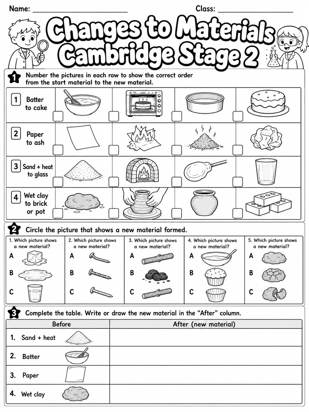 Changes to Materials Cambridge Stage 2 page 3 printable Cambridge science worksheet preview