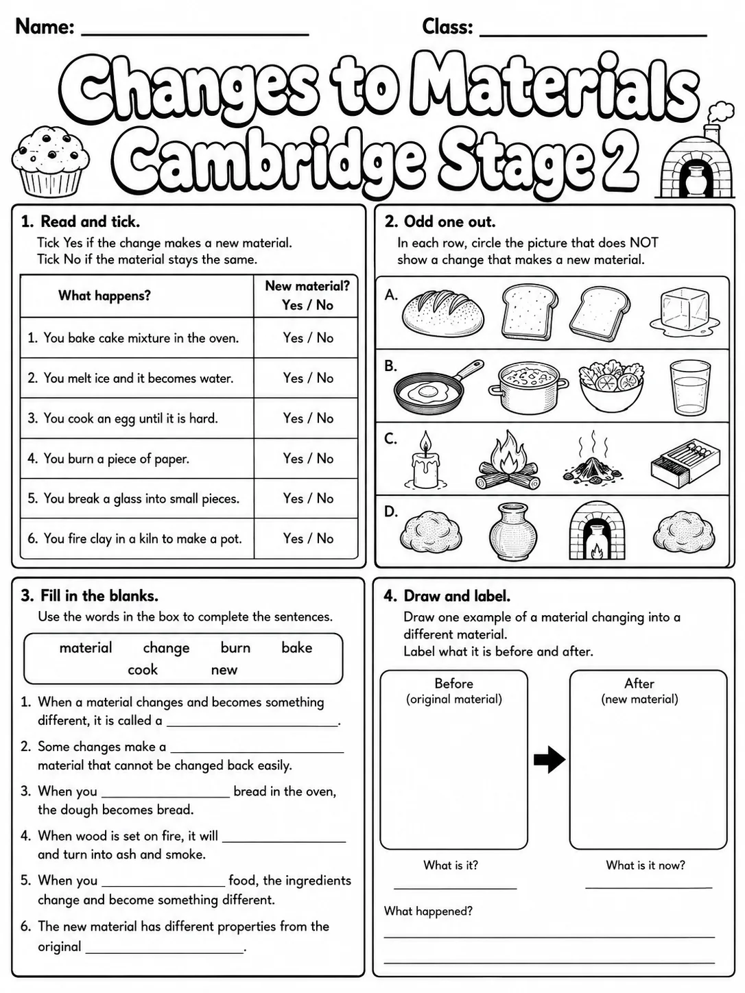 Changes to Materials Cambridge Stage 2 page 6 printable Cambridge science worksheet preview