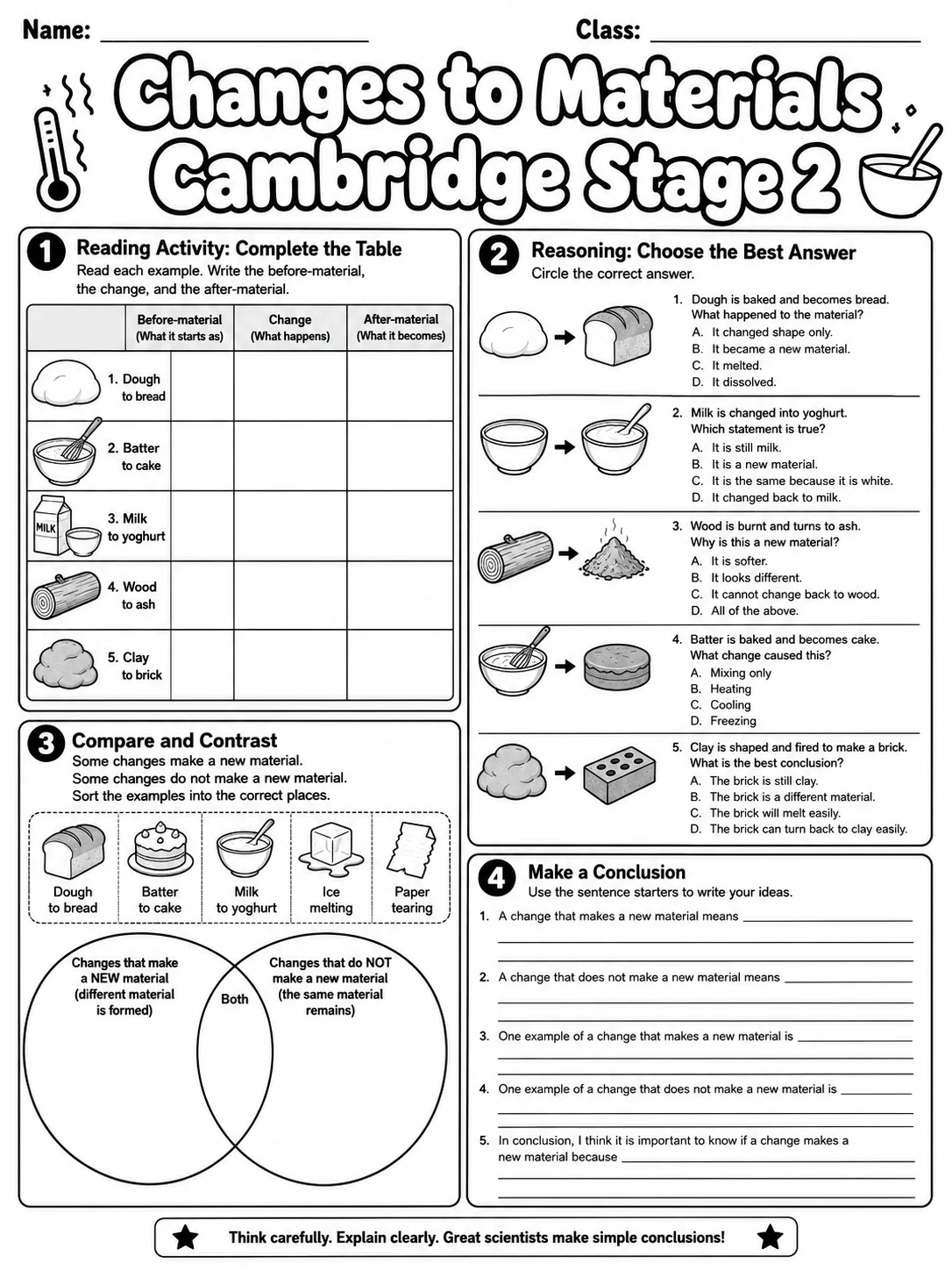 Changes to Materials Cambridge Stage 2 page 9 printable Cambridge science worksheet preview