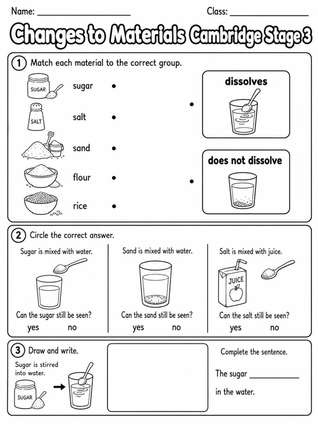 Changes to Materials Cambridge Stage 3 printable Cambridge Primary Science Stage 3 worksheet preview from KiwiBee