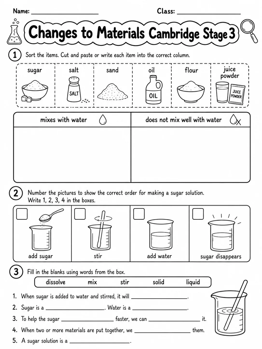 Changes to Materials Cambridge Stage 3 page 2 printable Cambridge science worksheet preview
