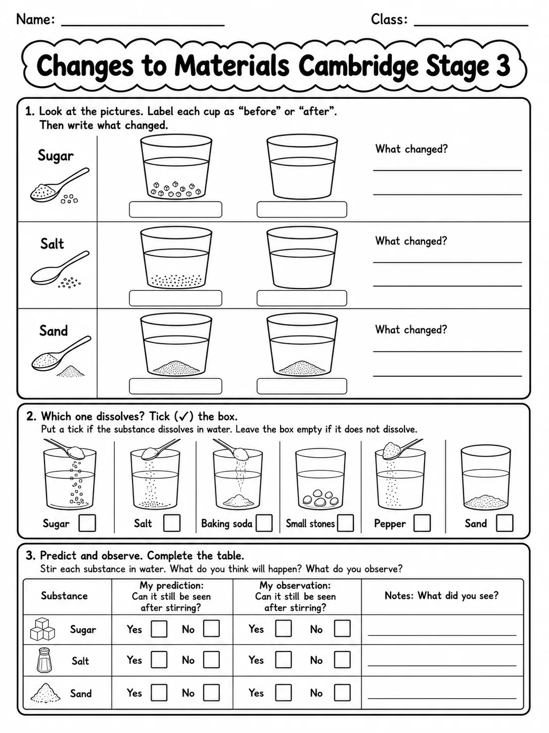 Changes to Materials Cambridge Stage 3 page 3 printable Cambridge science worksheet preview