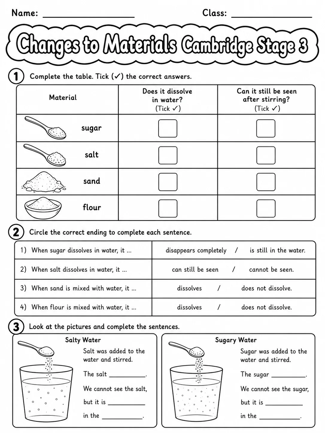 Changes to Materials Cambridge Stage 3 page 4 printable Cambridge science worksheet preview