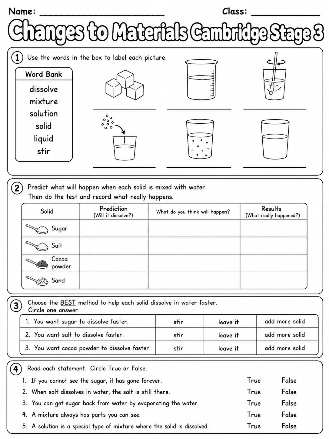 Changes to Materials Cambridge Stage 3 page 5 printable Cambridge science worksheet preview