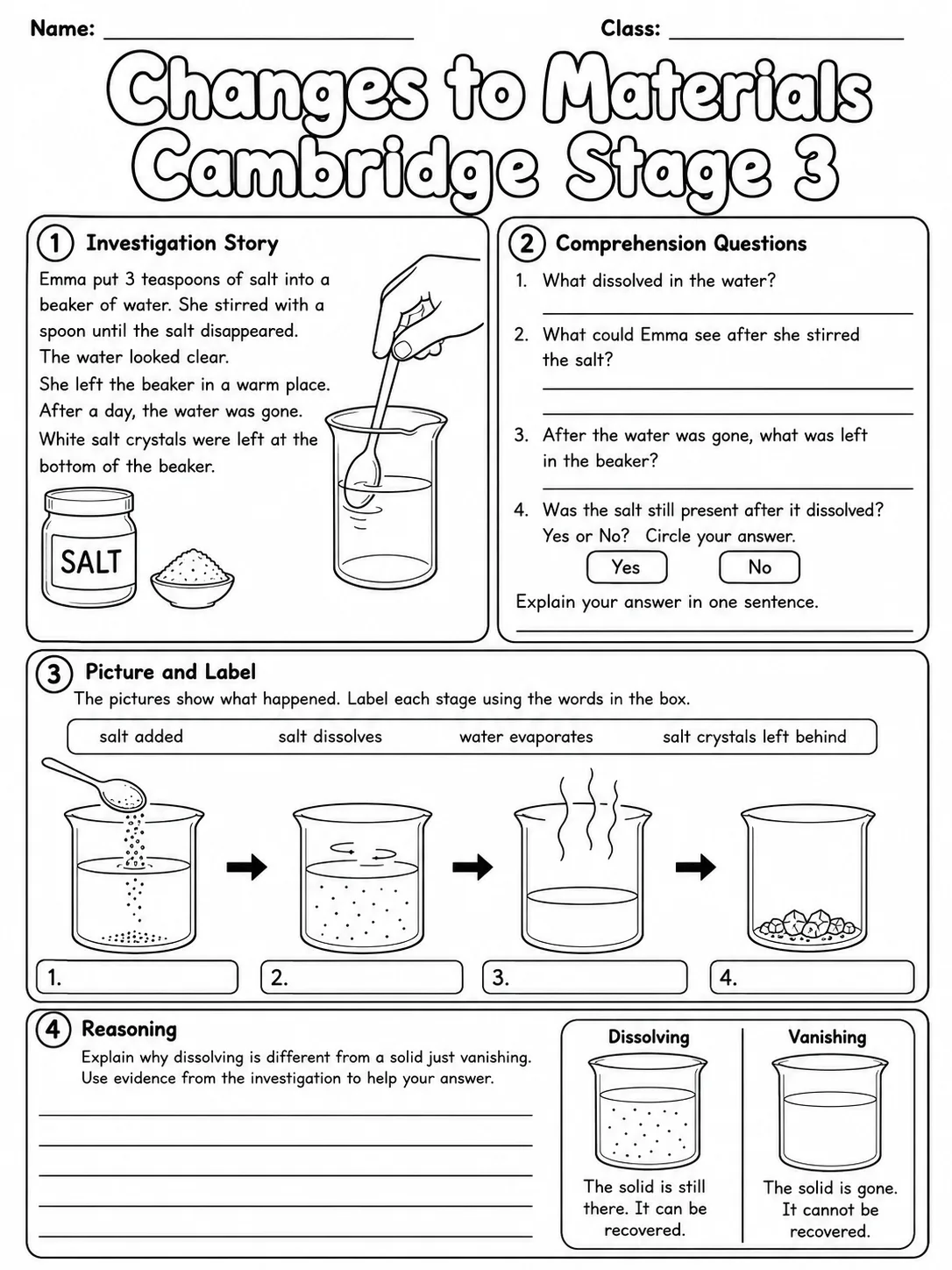 Changes to Materials Cambridge Stage 3 page 8 printable Cambridge science worksheet preview