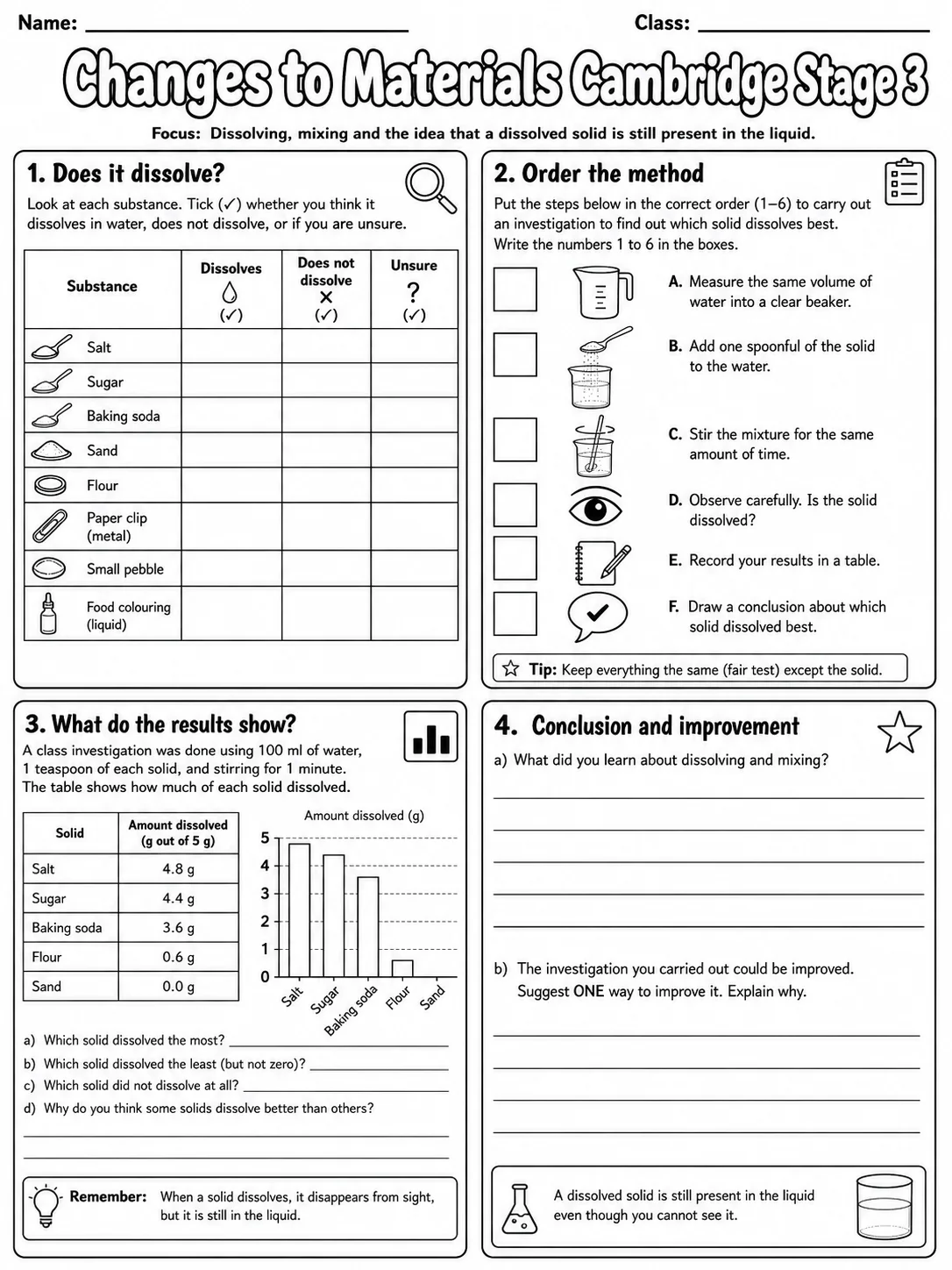 Changes to Materials Cambridge Stage 3 page 10 printable Cambridge science worksheet preview