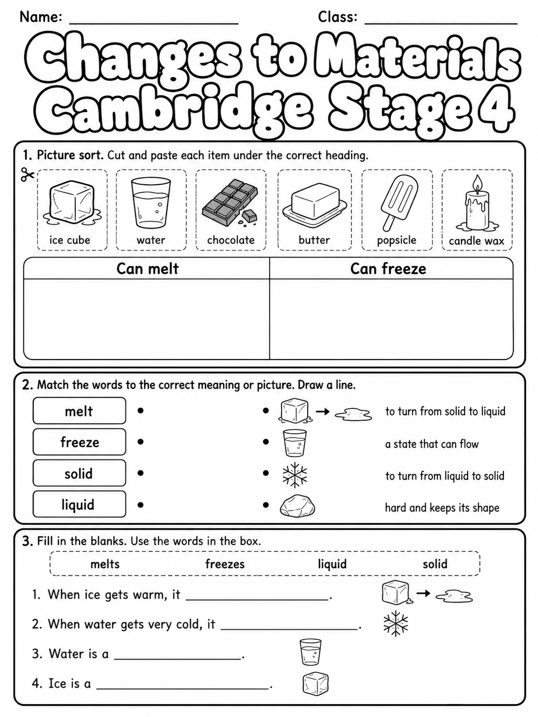 Changes to Materials Cambridge Stage 4 printable Cambridge Primary Science Stage 4 worksheet preview from KiwiBee