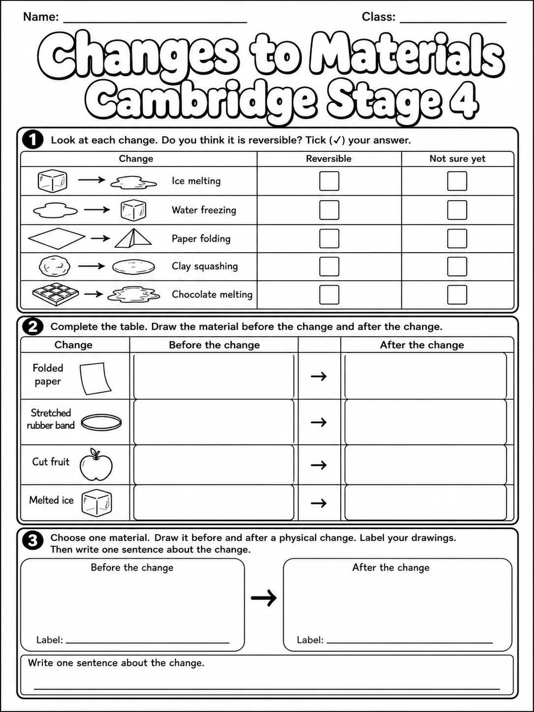 Changes to Materials Cambridge Stage 4 page 3 printable Cambridge science worksheet preview