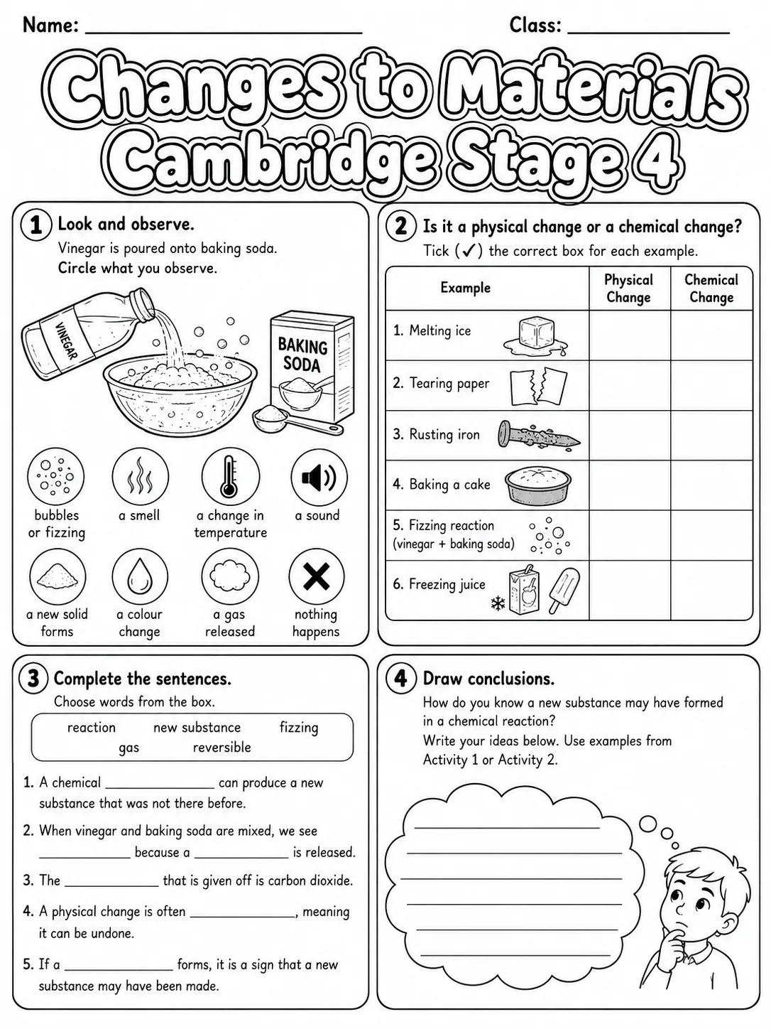 Changes to Materials Cambridge Stage 4 page 6 printable Cambridge science worksheet preview