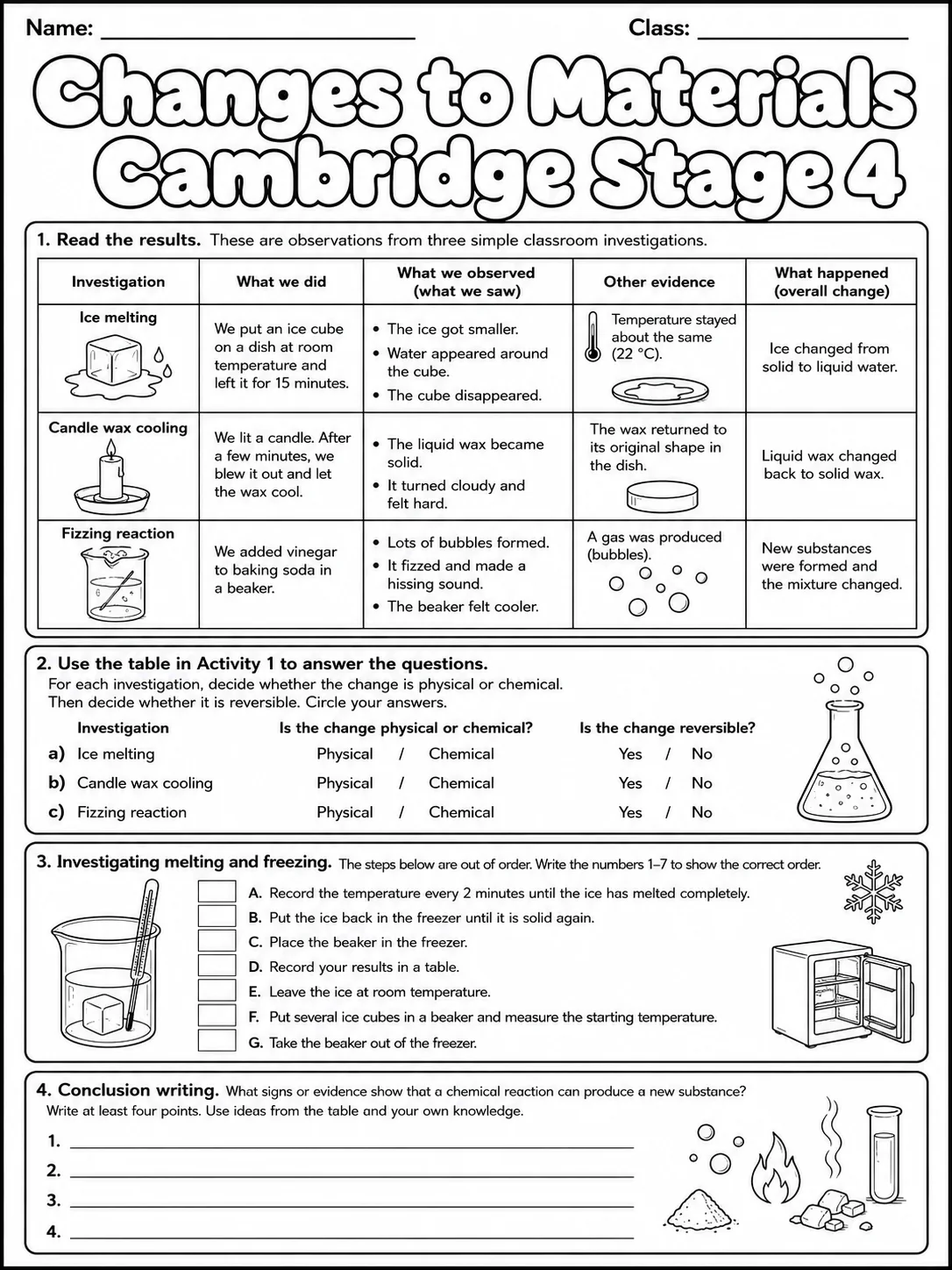 Changes to Materials Cambridge Stage 4 page 9 printable Cambridge science worksheet preview