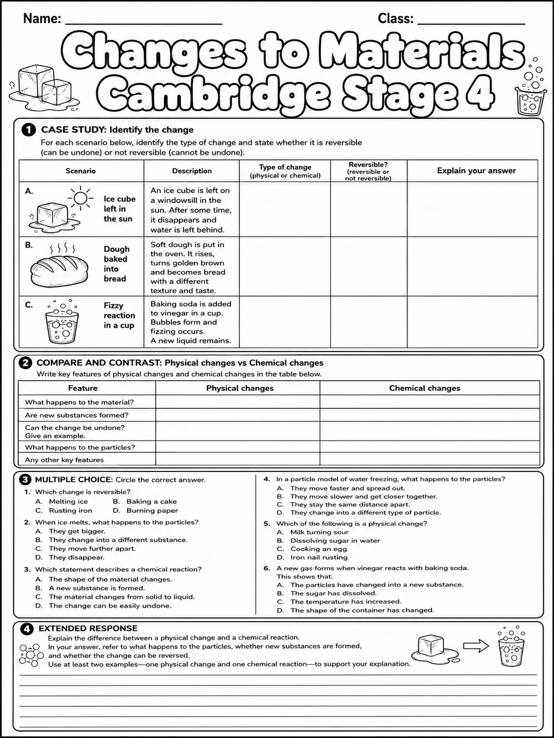 Changes to Materials Cambridge Stage 4 page 10 printable Cambridge science worksheet preview