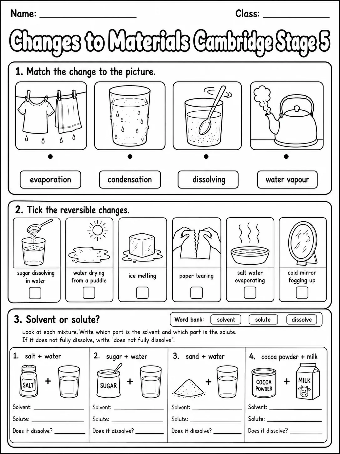 Changes to Materials Cambridge Stage 5 printable Cambridge Primary Science Stage 5 worksheet preview from KiwiBee